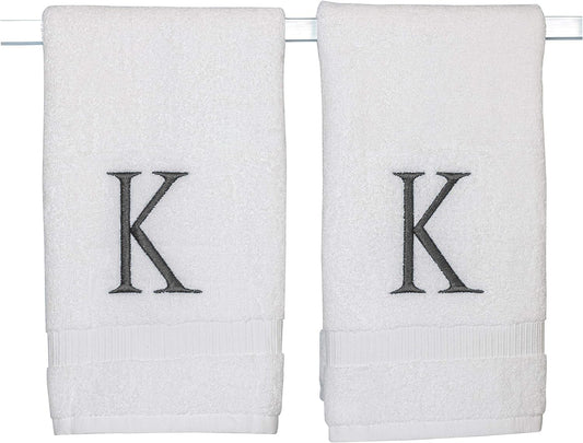 Dark Gray Monogrammed Hand Towels for Bathroom - White Luxury Hotel Quality Personalized Initial Decorative Embroidered Towel for Powder Room, Spa-GOTS Organic Certified - Pack of 2, Letter K