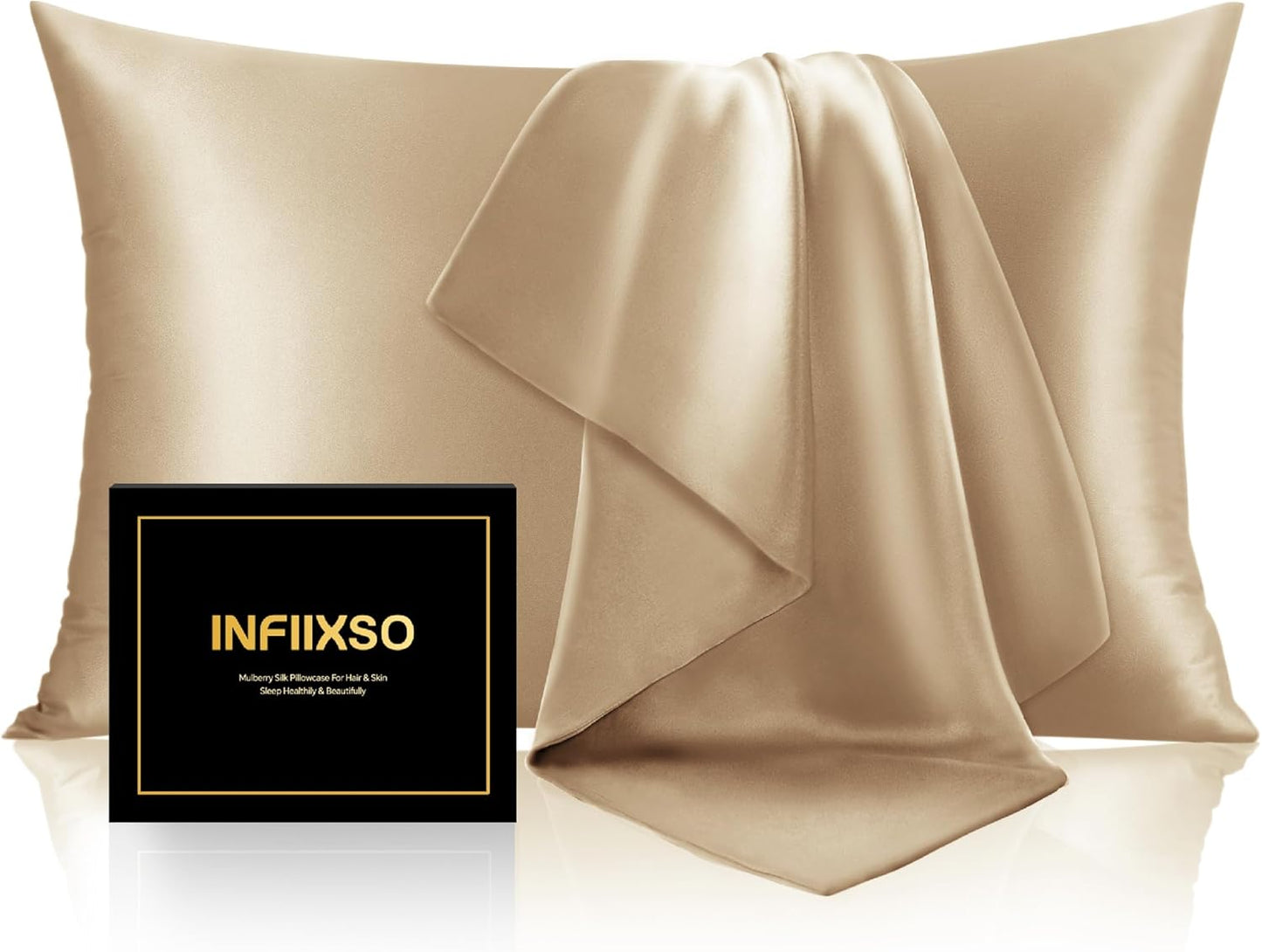 INFIIXSO Mulberry Silk Pillowcase for Hair and Skin, Silk Pillow Cases Queen Size Set of 2 with Hidden Zipper 20x30 Inches, Smooth and Soft Cooling Pillow Cases for Hot Sleepers(Champagne, 2 Pack)