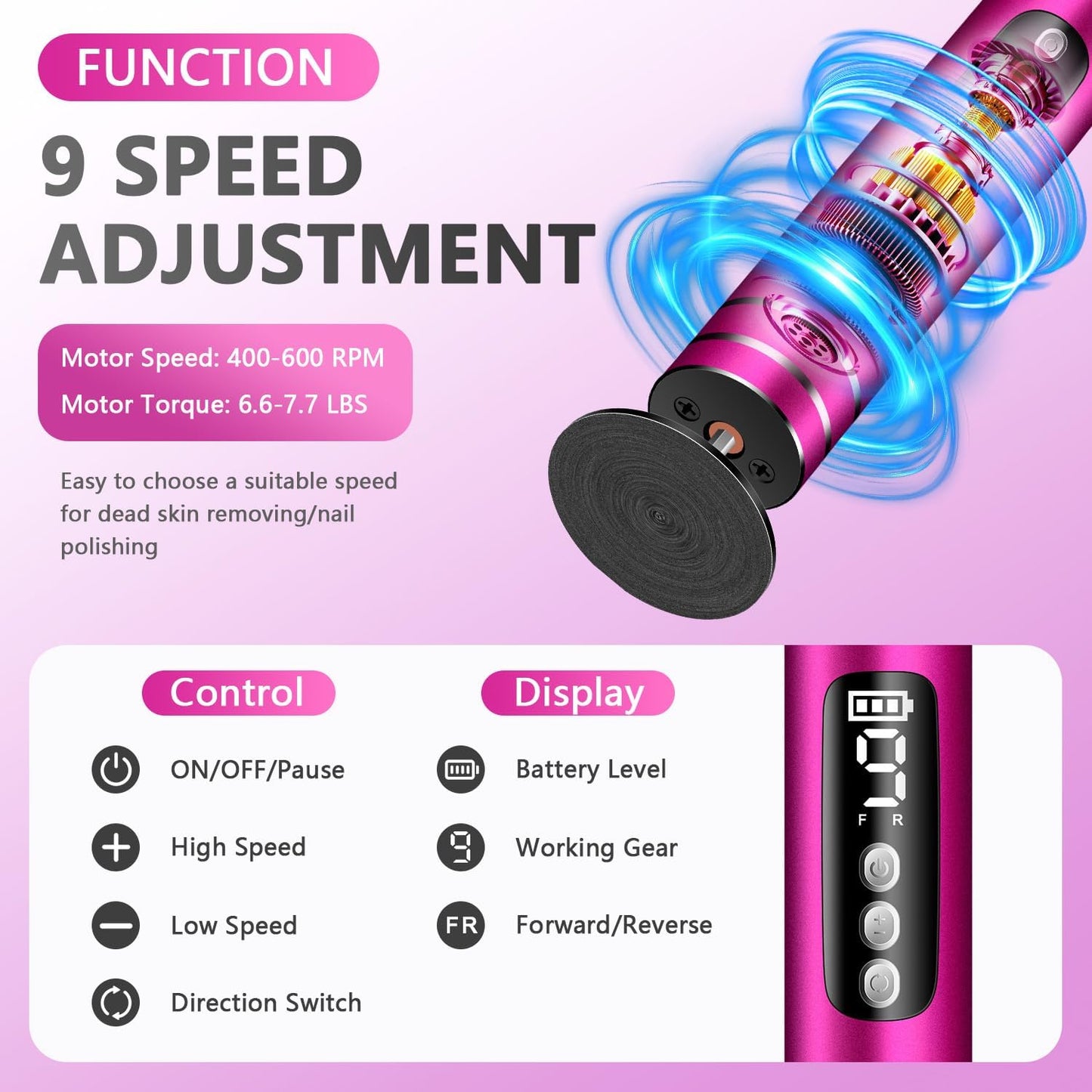 EAONE Portable Electric Foot File-Callus Remover for Feet, Professional 2 in 1 Foot/Nail Filer -Digital Display for Battery Level & 9 Speed Control-Rechargeable Pedicure Tool for Dead Skin (Black)