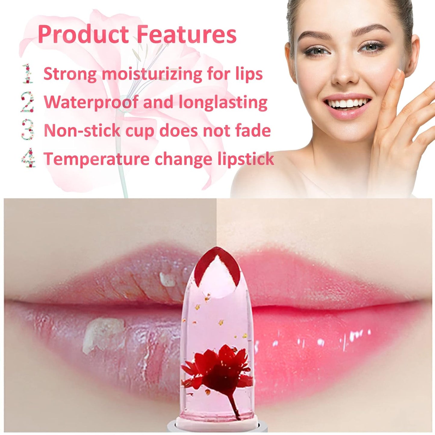 3 Pack Crystal Flower Jelly Lipstick,Magic Color Changing Lipstick,PH Clear Temperature Color Changing Lip Gloss,Lip Balm,Long Lasting Nourishing Moisturizing Lip Stick Set E