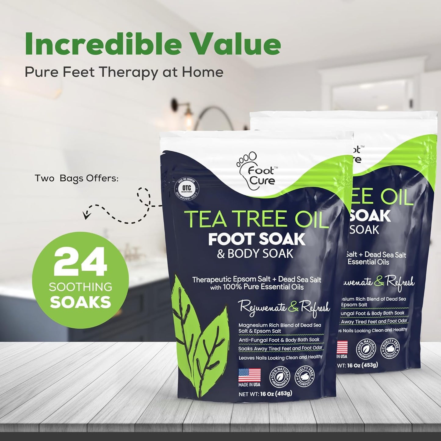 FOOT CURE Tea Tree Oil Foot Soak with Epsom Salt - Best Toenail Fungus Treatment, Athletes Foot & Softens Calluses - Soothes Sore & Tired Feet, Fungal Toe, Foot Odor Scent, Spa Pedicure (Pack of 2)
