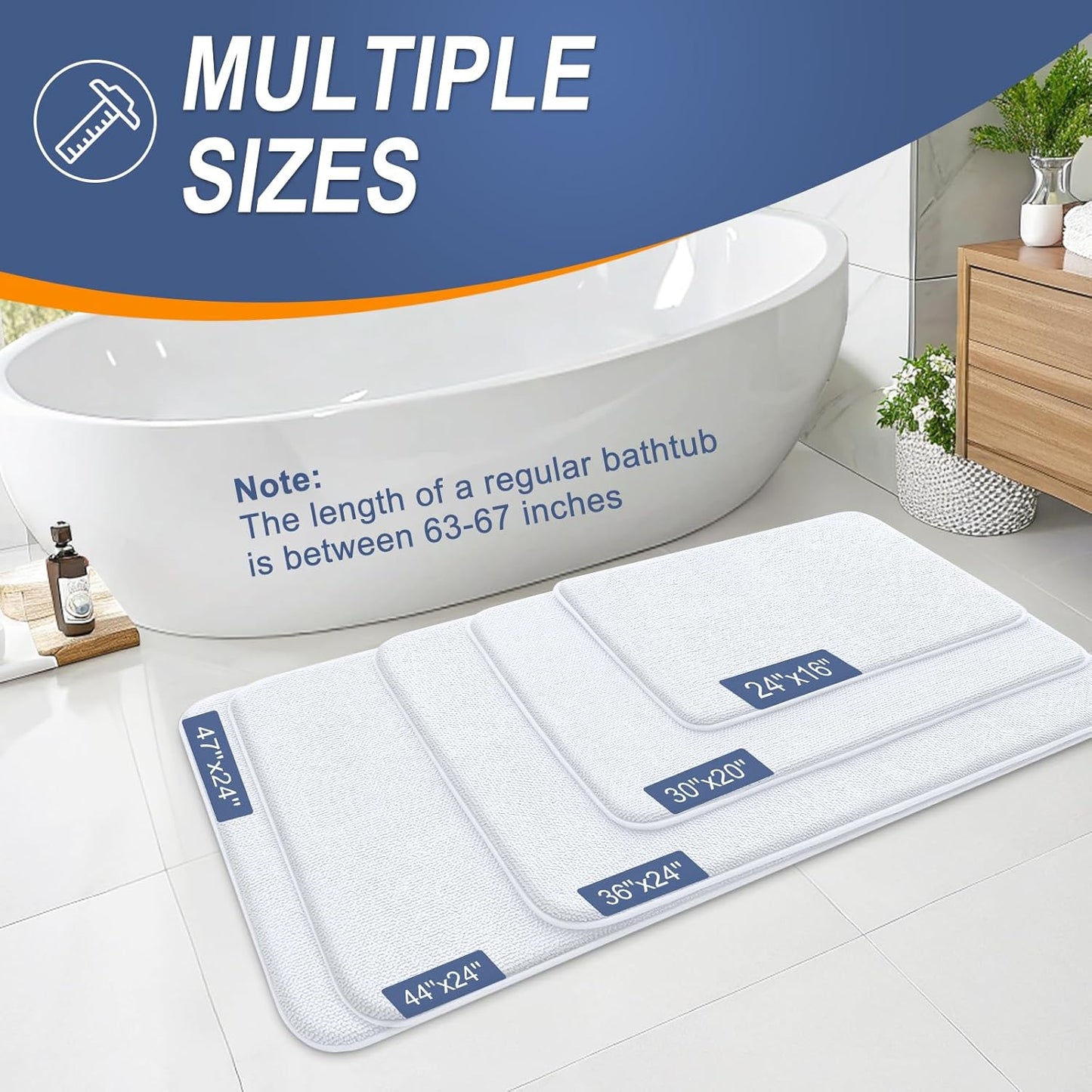 OLANLY Thick Memory Foam Bath Mat Rug 70x24, Extra Soft Absorbent Bathroom Rug, Quick Dry Bath Mats, Non-Slip, Machine Washable Carpet for Bathroom, Tub and Shower, Home Decor Accessories, White