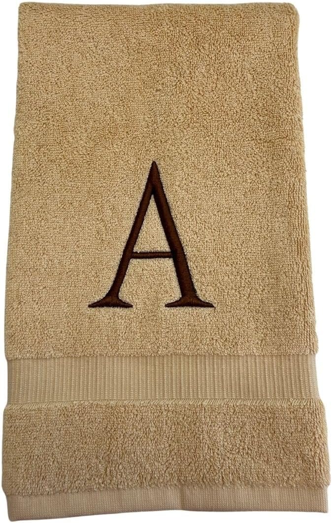 Beige Initial Hand Towel for Bathroom - Monogrammed Luxury Hotel Quality Decorative Embroidered Towel for Powder Room, Spa - GOTS Organic Certified - Set of 2 Brown Letter E
