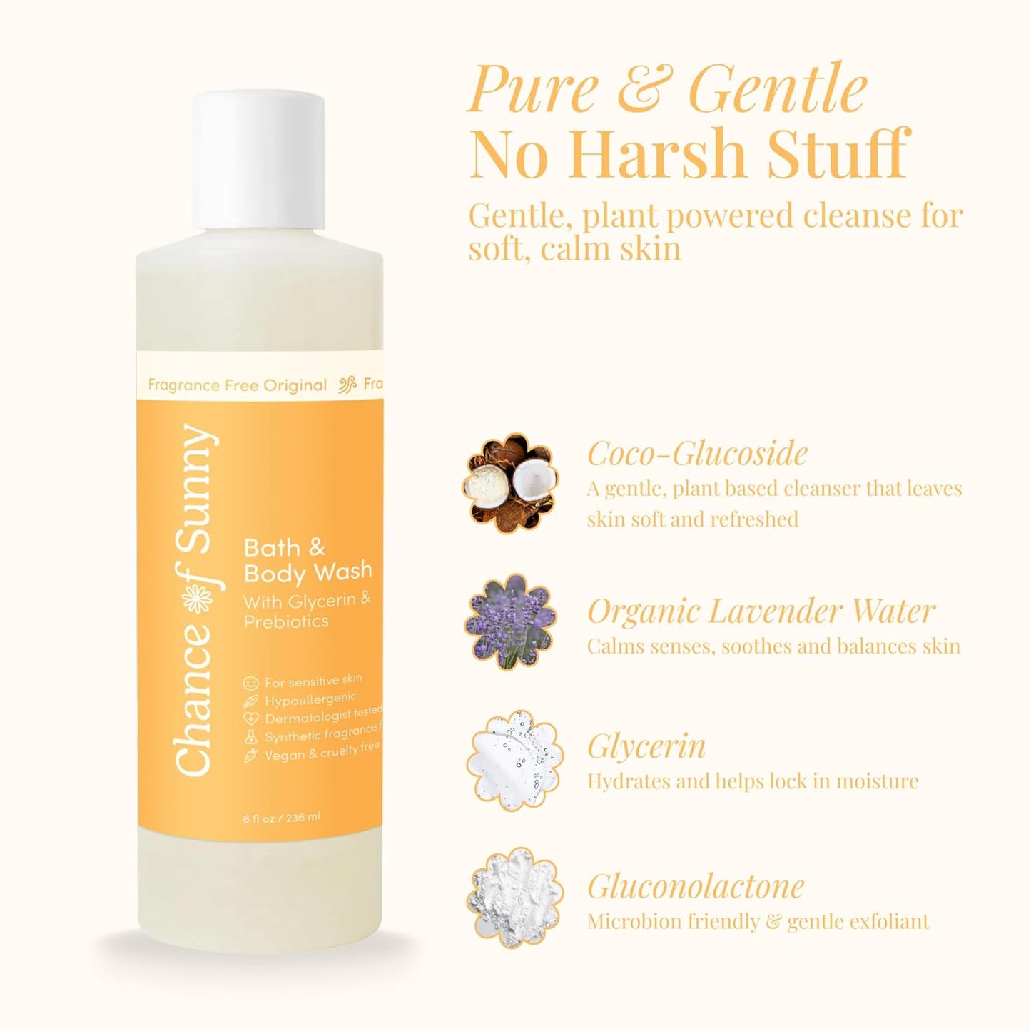 Sensitive Skin Bath & Body Wash – Fragrance-Free, Hypoallergenic & Dermatologist-Tested -Gentle, pH-Balanced Cleanser for Dry & Delicate Skin - Family-Friendly & Vegan (8 oz)