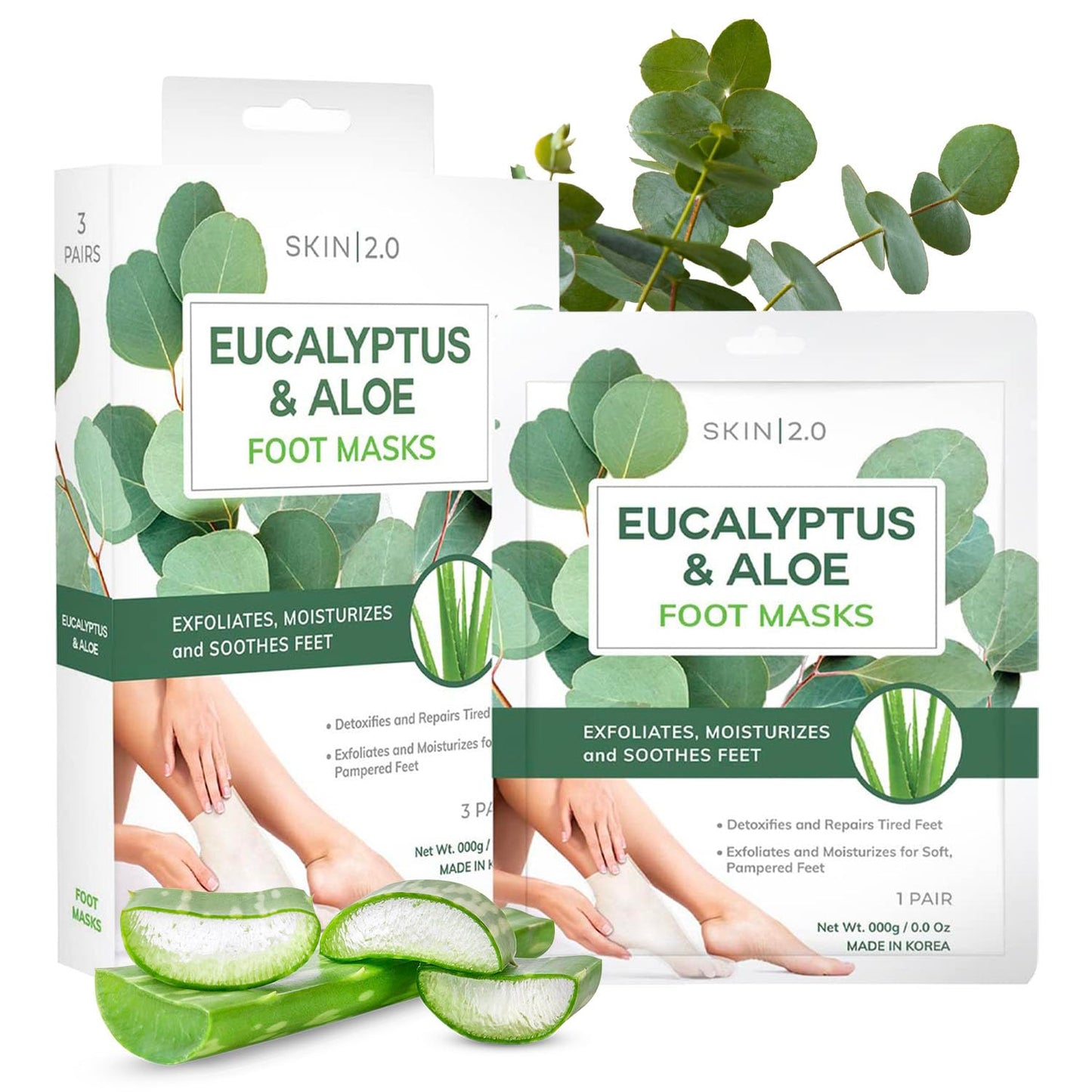 Eucalyptus & Aloe Foot Masks - Moisturizes Tired, Dry & Cracked Feet, Exfoliating & Hydrating - Dermatologist Tested Korean Skincare - Clean Beauty, Cruelty-Free - 3 Pairs
