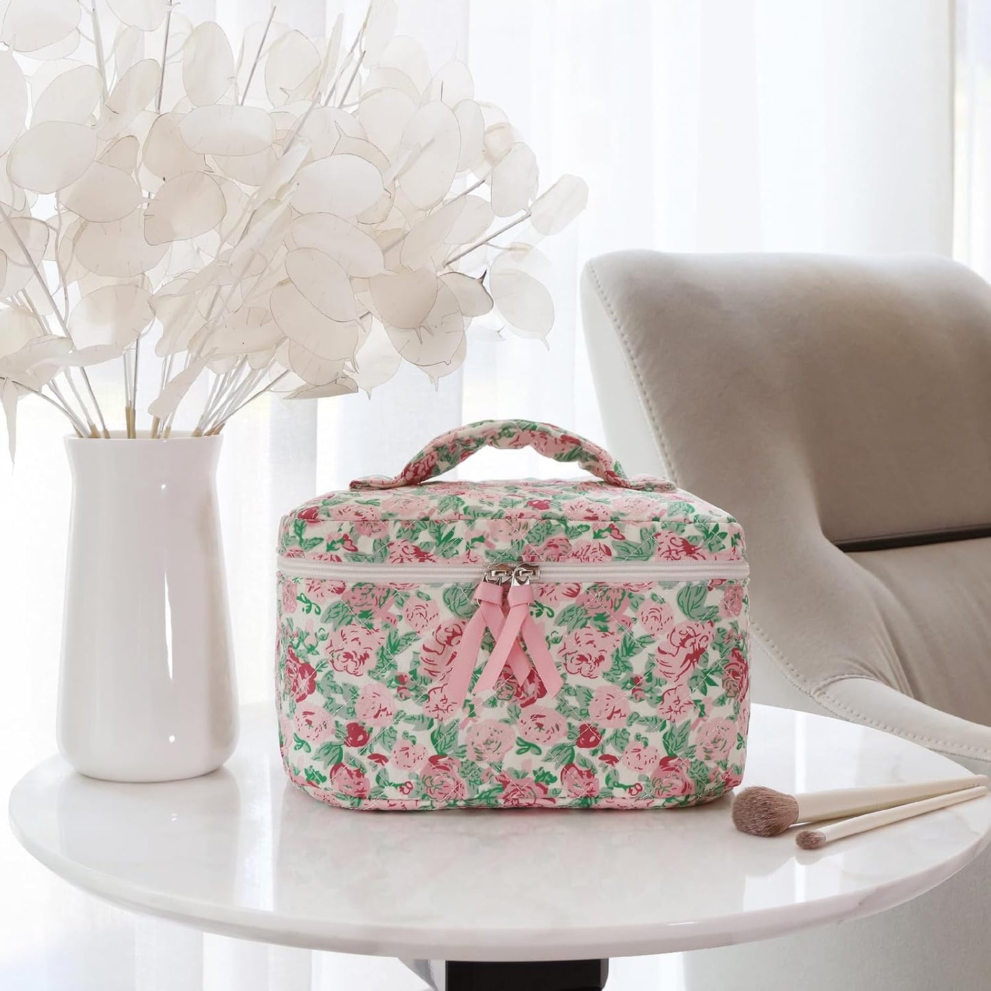 Prite Large Makeup Bag Cute Cosmetic Bag for Women Girls Floral Coquette Aesthetic Toiletry Bag Travel Make Up Organizer Bag (Rose Multiflora)