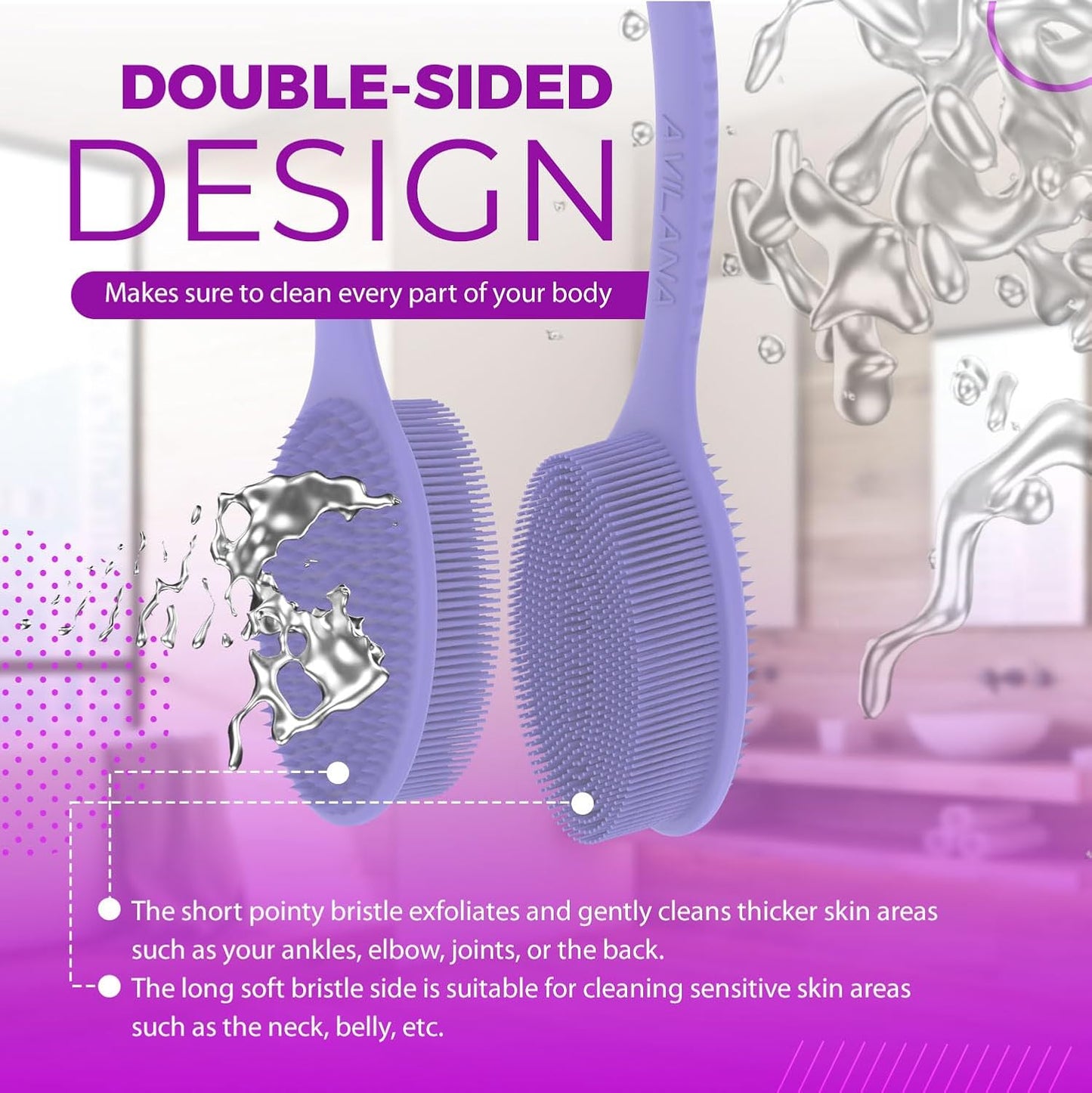 Avilana Silicone Body Scrubber - Food Grade & Lab Tested, Gentle Exfoliating Shower Brush for All Skin Types, Hygienic Quick-Dry Loofah Alternative (Dark Gray, Long Handle-Silver)