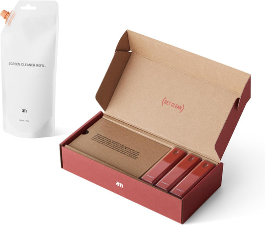 am Screen Cleaner with 7 oz Refill – Alcohol-Free Spray & Microfiber Cloth for iPhone 15 & 14, iPads, Tablets, Laptops, Phones, Smart TVs, Car Displays – Streak-Free, Non-Toxic, Eco-Friendly, Red