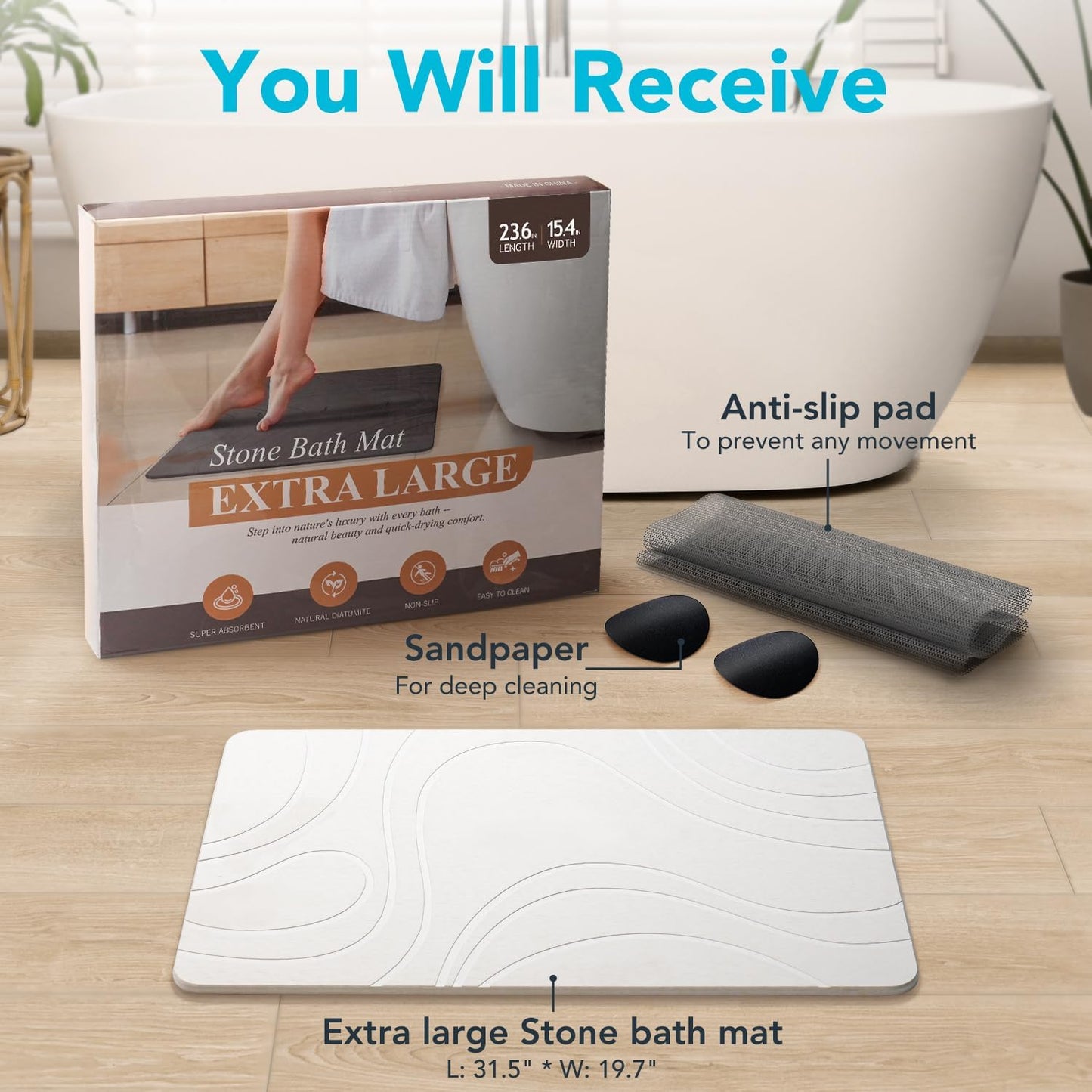 Stone Bath Mat for Bathroom, Quick Dry Diatomaceous Earth Stone Drying Bath Mat, Magic Non Slip Bathroom Shower Floor Mat Modernized Water Absorbing Diatomite White