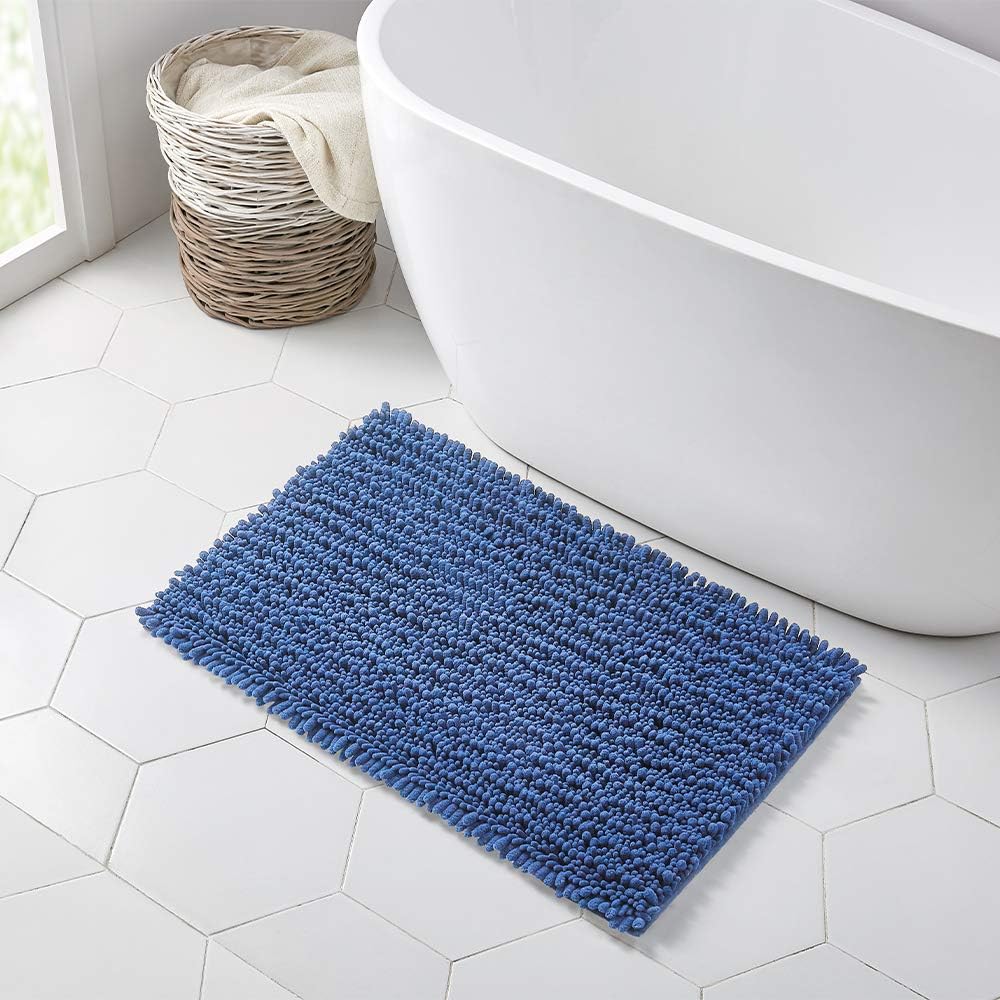 Walensee Bathroom Rug Non Slip Bath Mat (36x24 Inch Dark Blue) Water Absorbent Super Soft Shaggy Chenille Machine Washable Dry Extra Thick Perfect Absorbant Best Large Plush Carpet for Shower Floor