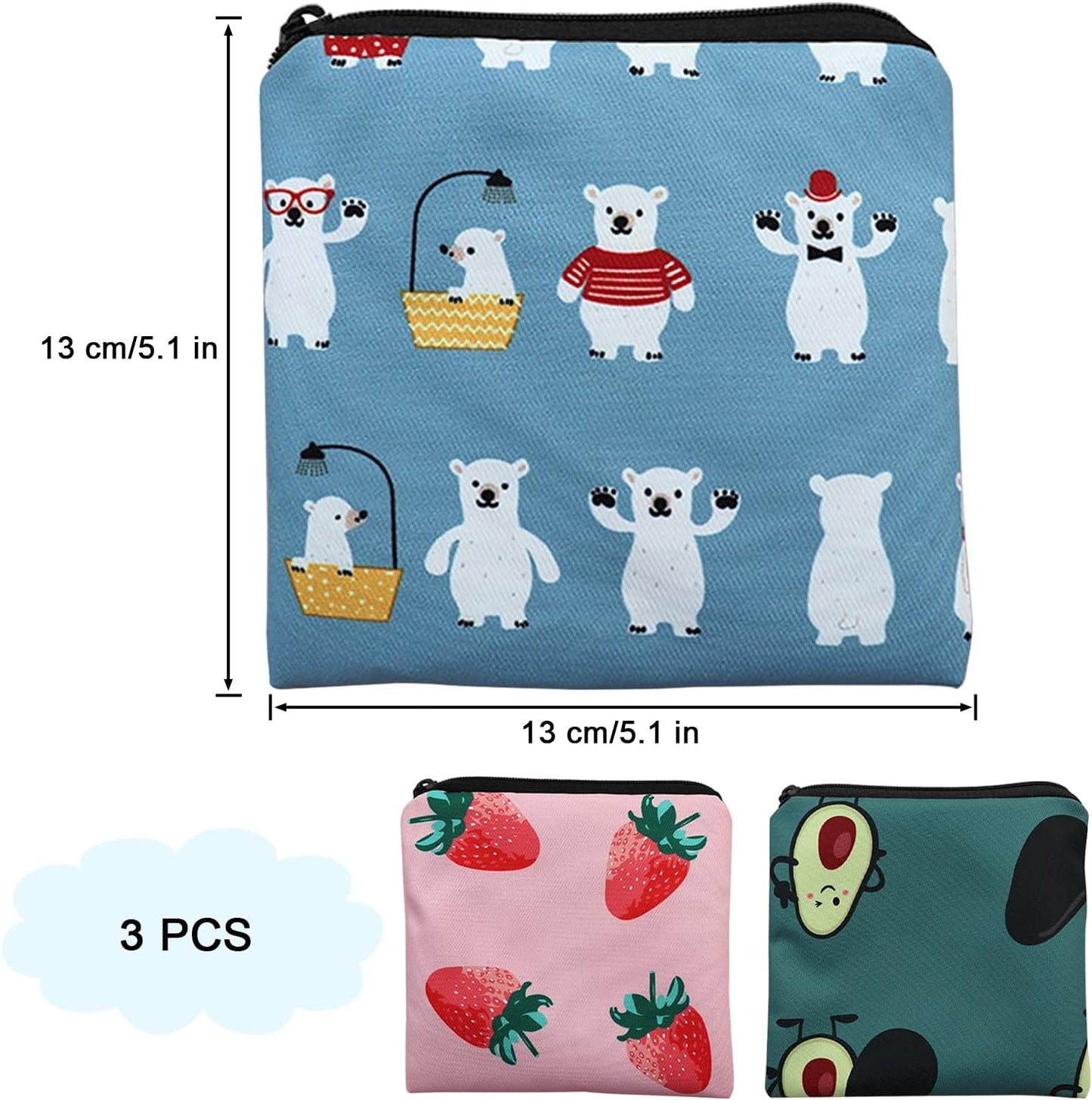 Sanitary Napkin Storage Bag,3pack Sanitary Napkin Pads Storage Bag with Zipper 5x5 inches First Period Bag for Girls,Women,Ladies(Strawberry)