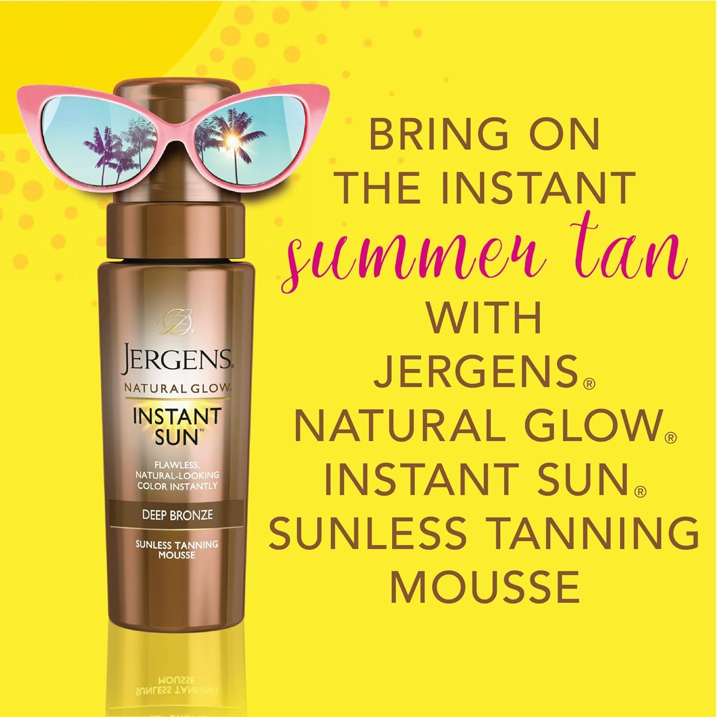 Jergens Natural Glow Instant Sun Body Mousse, Self Tanner for Deep Bronze Tan, Sunless Tanning Body Bronzer for Natural Looking Color Instantly, 6 Oz