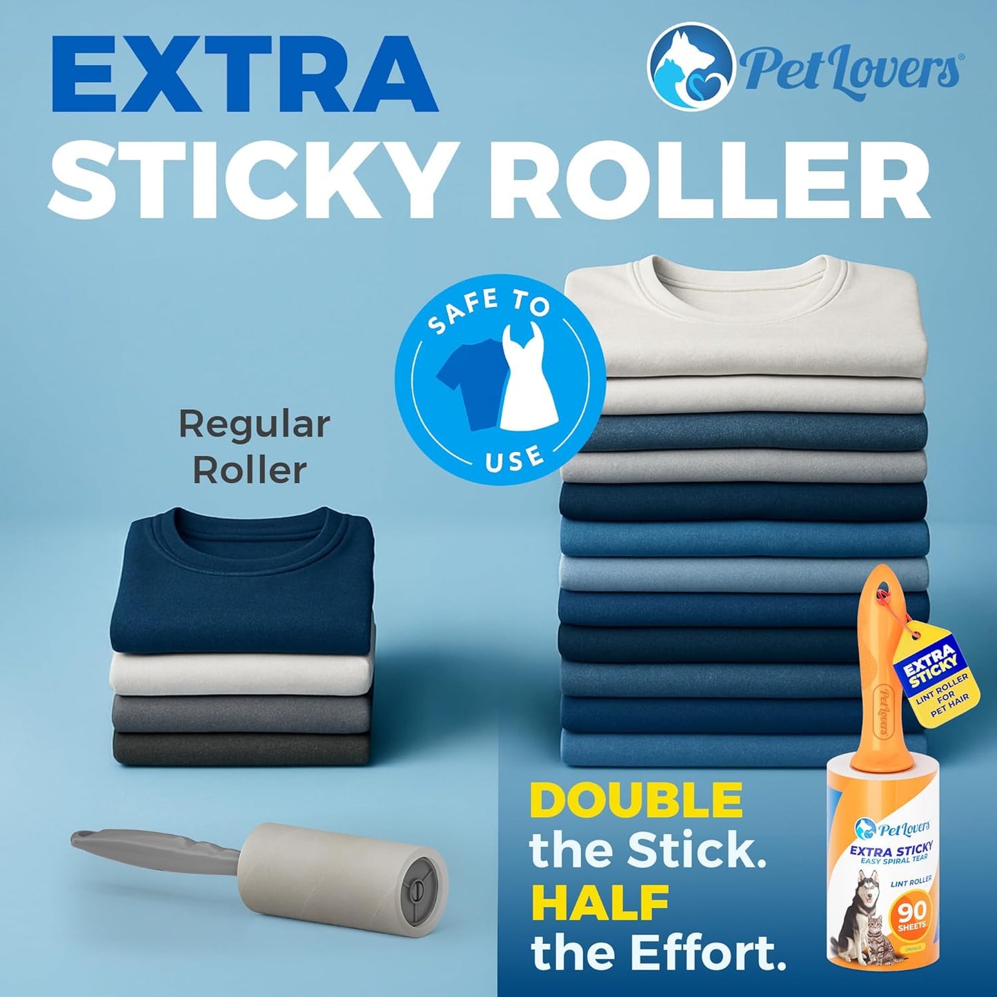 PetLovers Extra Sticky Lint Roller Mega Value Set 450 Sheets for Pet Hair Removal and Clothes, Dog and Cat Lint Remover 5 Pack Orange