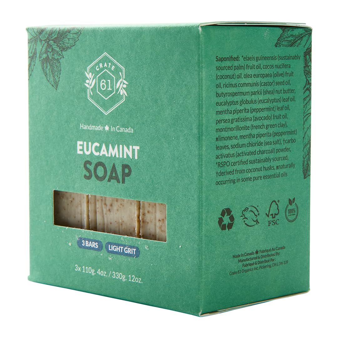 Crate 61 Organics, Handmade in Canada, Plant Based Cold Process Natural Bar Soap For Face And Body, With Premium Essential Oils, For Men And Women 3 Pack (Eucamint)