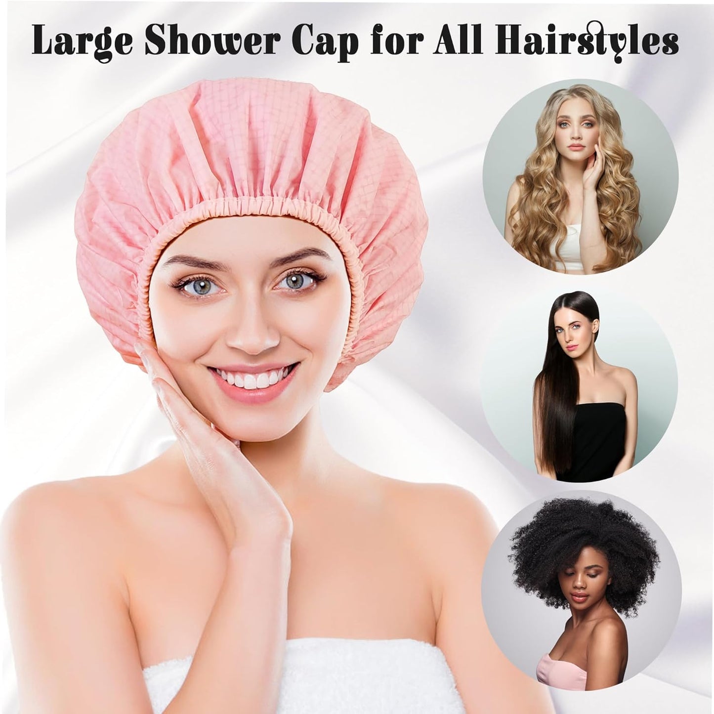 Shower Cap for Women, Shower Caps Reusable Waterproof, Large Plastic Satin Lined Shower Cap for Braids Long Hair