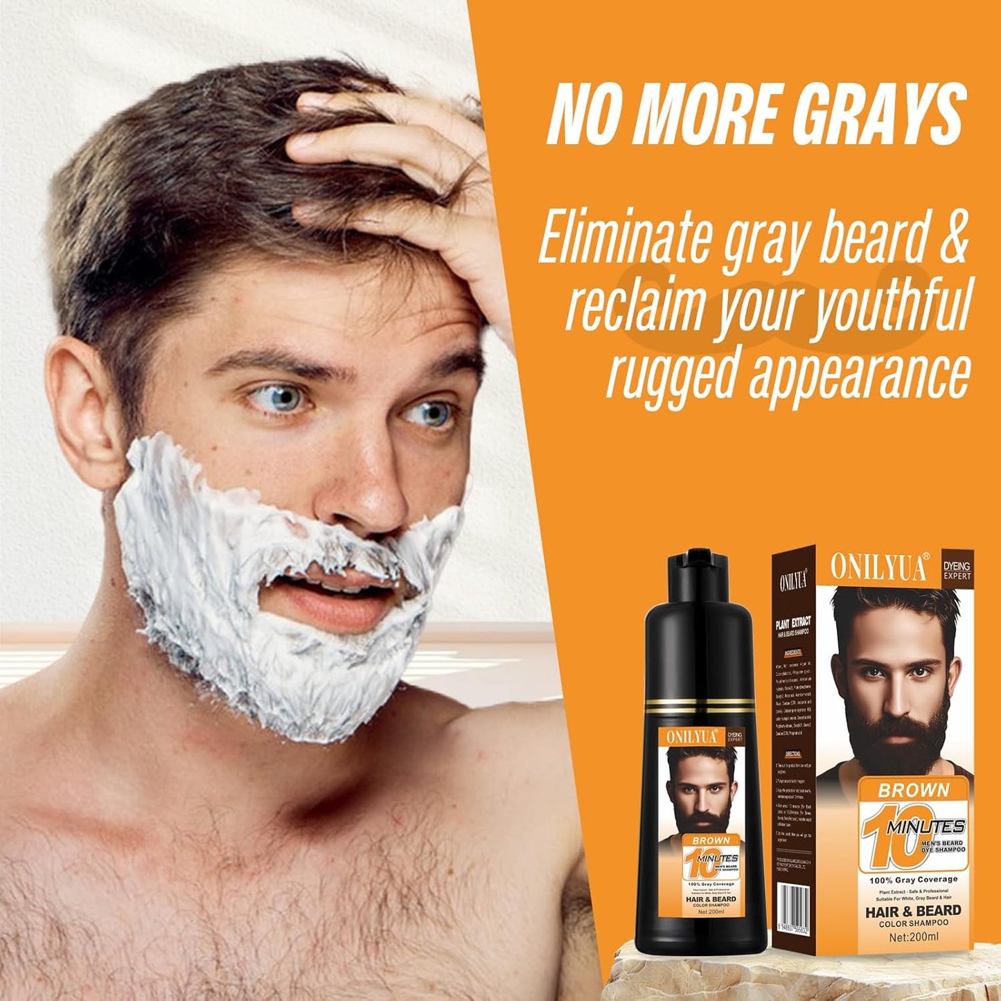 Men's Beard Dye, Brown Beard Dye Shampoo for Gray Hair Coverage, Root Touch Up, 3 in 1 Simpler Hair Color for Men, Long Lasting Hair Dye Shampoo for Beard & Mustache, 200 ml