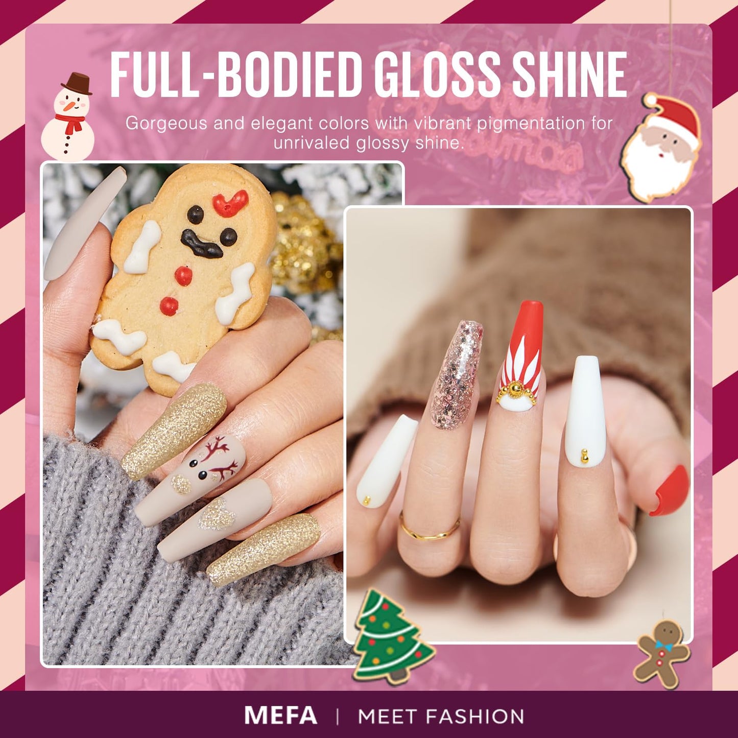 MEFA Christmas Gel Nail Polish Set, 12 Colors Pink Red Gel Polish Set Shimmering Gold Silver Glitter Nail Polish Soak Off Purple Nude White Brown Gifts for Girl DIY Salon Home Manicure