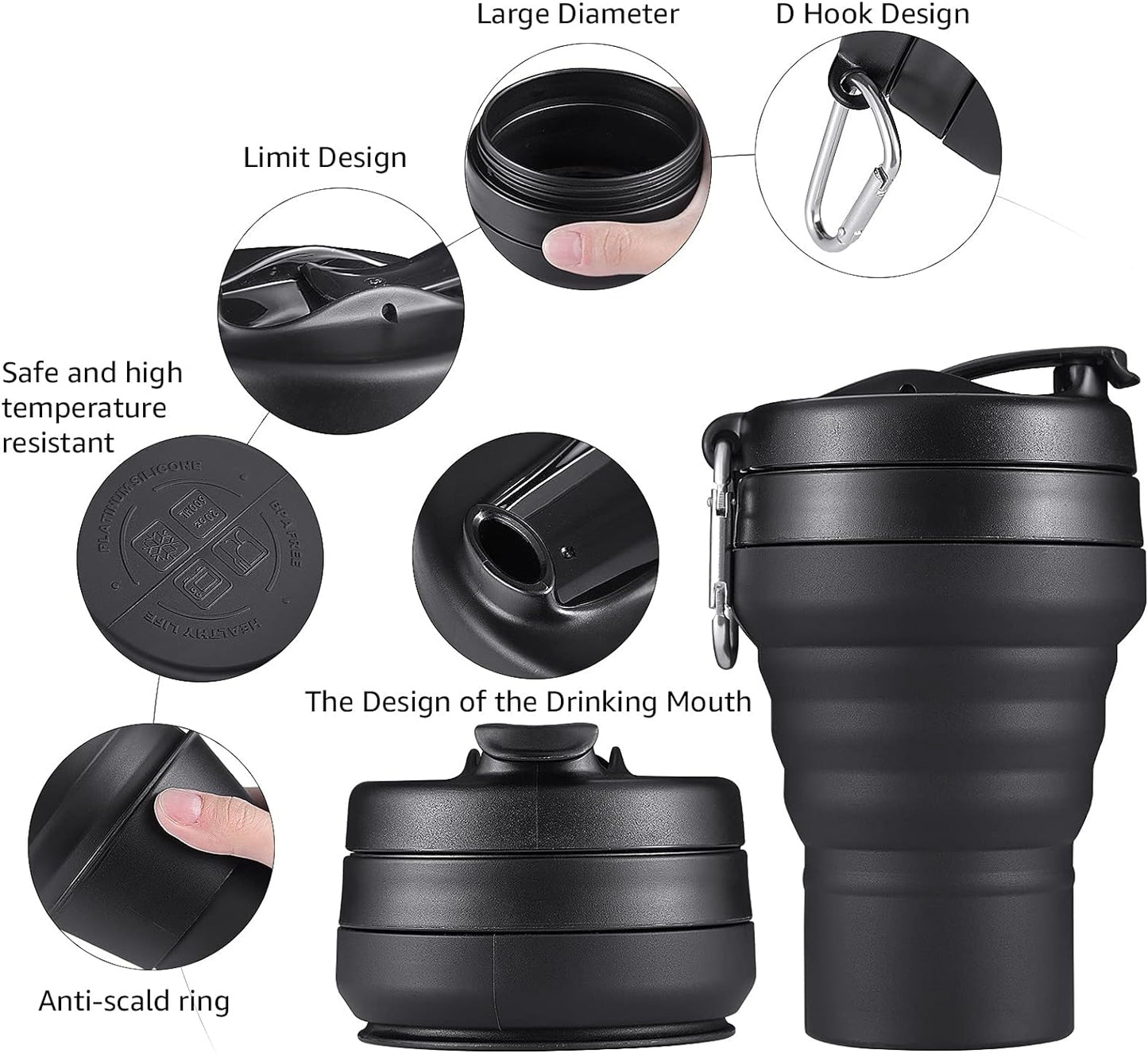 Collapsible Coffee Cup, 16 OZ 480ml Large Silicone Folding Camping Mug, Leak Proof BPA Free Portable, Travel Bottle with Lids for hiking, Microwave & Dishwasher Safe (Black)