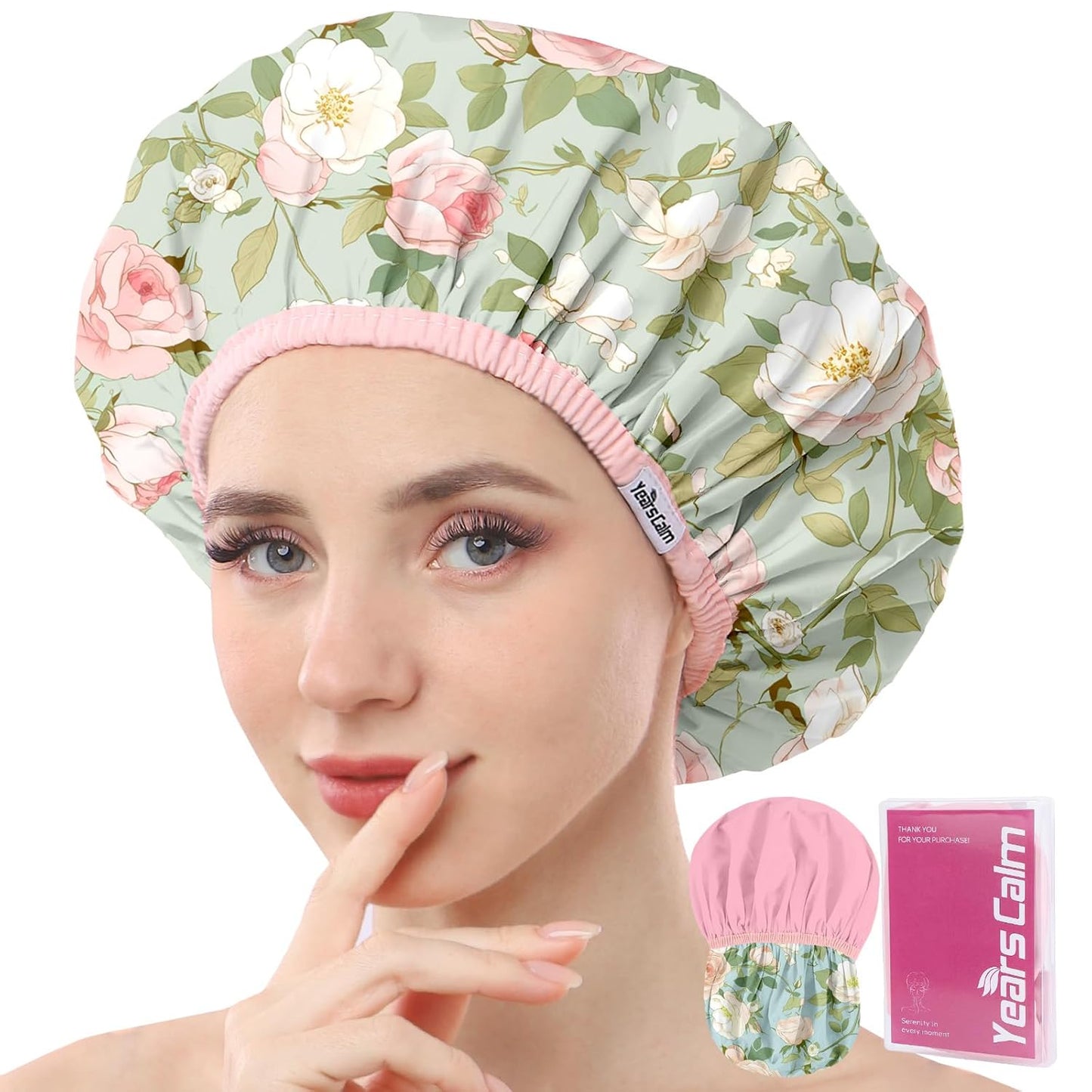 Years calm Shower Caps for Women Reusable Waterproof – Double Layer Elastic Cap with Tropical Botanical Print Shower Cap for Shower, Spa, Travel, Bath & Daily Hair Protection