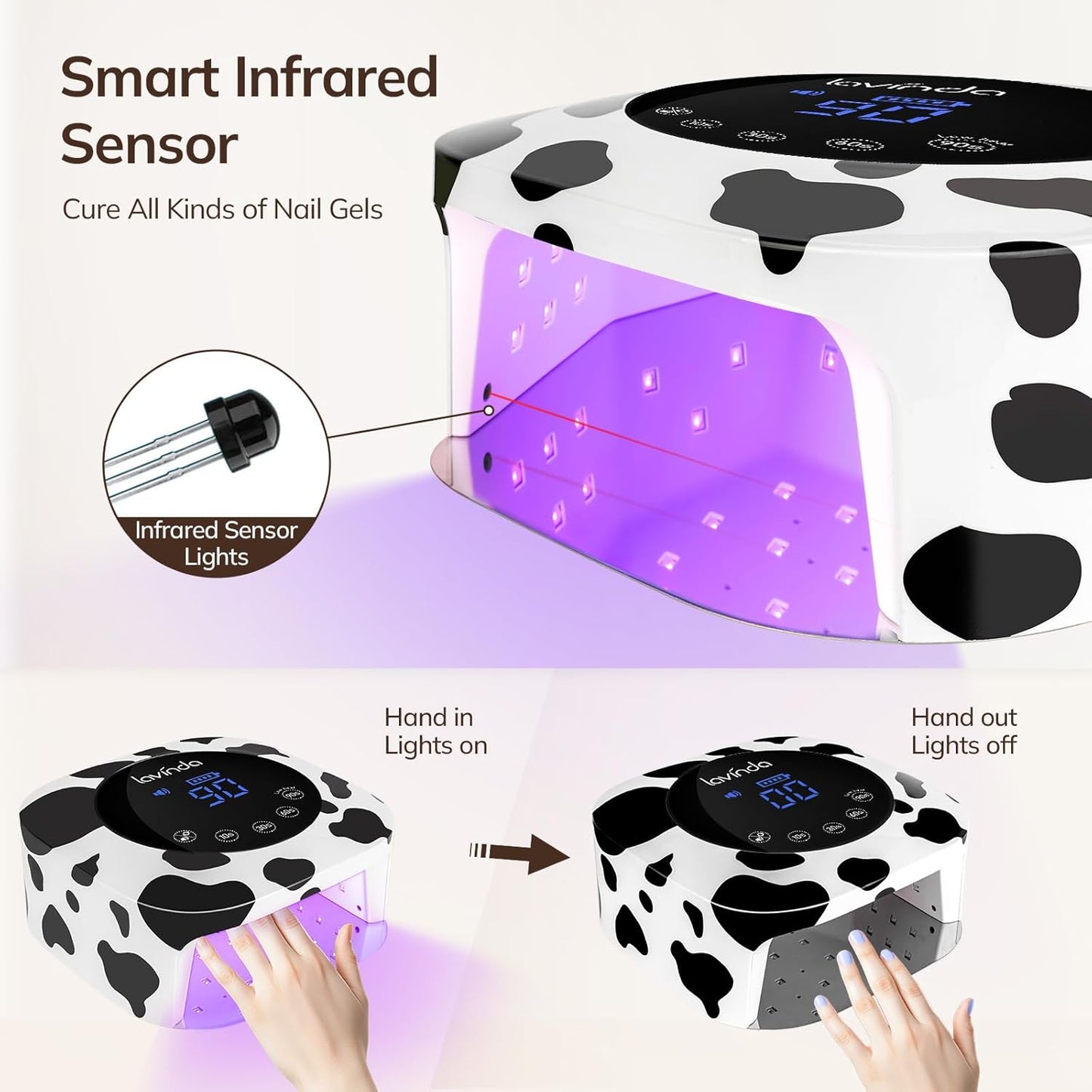 Lavinda LED Nail Lamp UV Light for Gel Nails Cordless Rechargeable UV Lamps Nail Light with 4 Timer, 2X Faster Professional Gel Polish Curing Nail Dryer for Salon Use-Cow Print