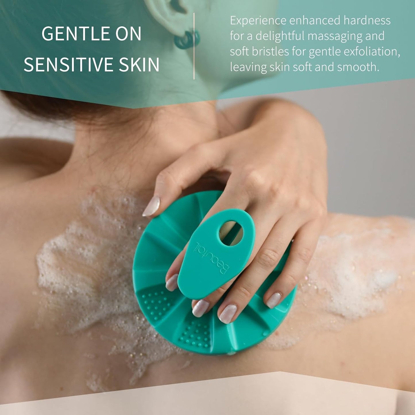 Silicone Body Scrubber 2 Pack, Gentle Bristles Shower Bath Brush, Lather Nicely, Soft Massage Body, More Hygienic Than Loofah, Gentle Exfoliating for Sensitive Skin, Green+Black