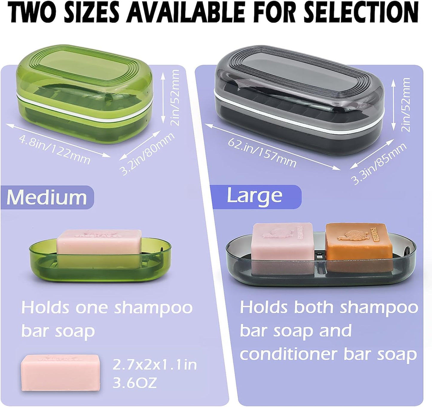Shampoo Bar Travel Case with Lid, Large Bar Soap Holder, Shampoo and Conditioner Bar Container Perfect for Kitsch Bar Soap, Travel Soap Box for Traveling, Camping, Gym, Bathroom (Max,Black)