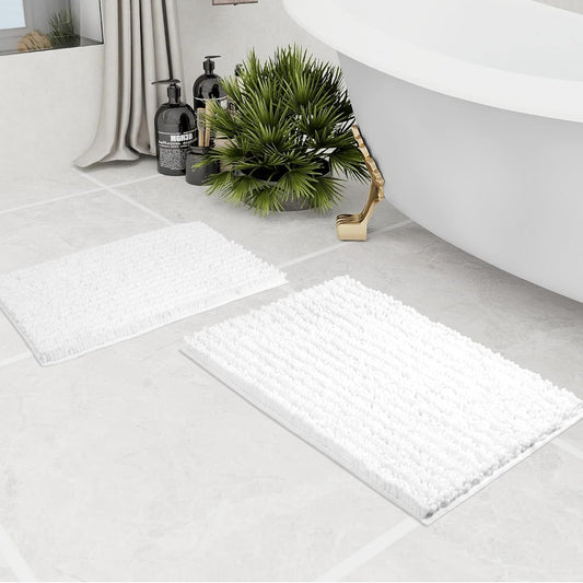 Walensee Bathroom Rug 2 Pieces Set Non Slip Bath Mat (17x24 Plus 20x32 Inch White) Water Absorbent Super Soft Shaggy Chenille Machine Washable Dry Extra Thick Perfect Carpet for Shower Floor