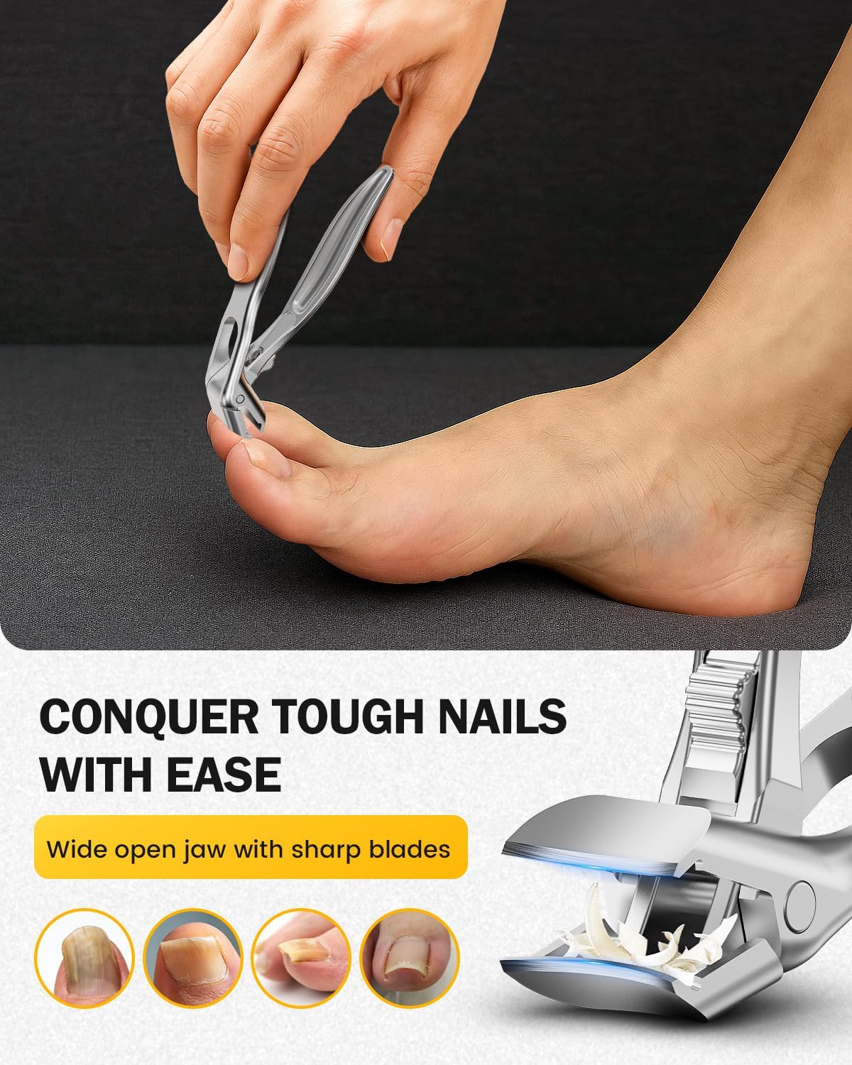 BEZOX Curved Toenail Clippers for Seniors – Safety Lock, Wide Opening, and Anti-Slip Grip Nail Clipper for Thick Nails - Silver