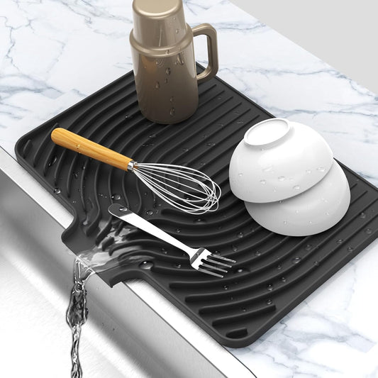 Dish Drying Matt for Kitchen Counter,18"×12"Silicone Dry Rack Mat with Built in Drain, Kitchen Dry Mats for Dishes Drying Pad for Counter(black)