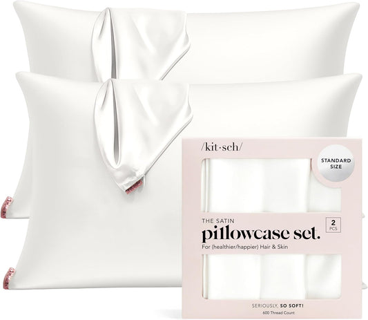 Kitsch Satin Pillowcase with Zipper for Hair & Skin, Softer Than Silk Pillow Cases Queen Size Set of 2, Wrinkle-Free, Smooth and Cooling Satin Pillow Covers, Standard Size 19"x26" - Ivory, 2pcs