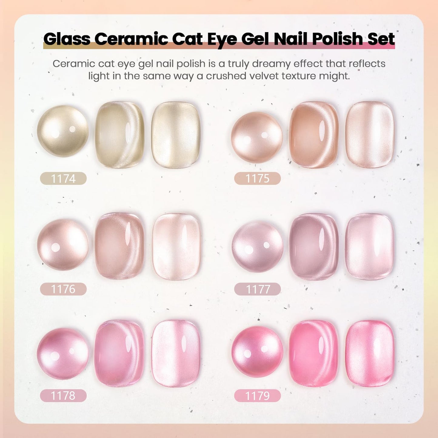 RARJSM Nude Jelly Glass Cat Eye Gel Nail Polish Set 6Pcs Champagne Gold Rose Blush Metal Pink Red Smoothie Ceramics Cateye Silver Glitter Gelpolish with Magnetic Stick UV LED Curing Require Home Salon