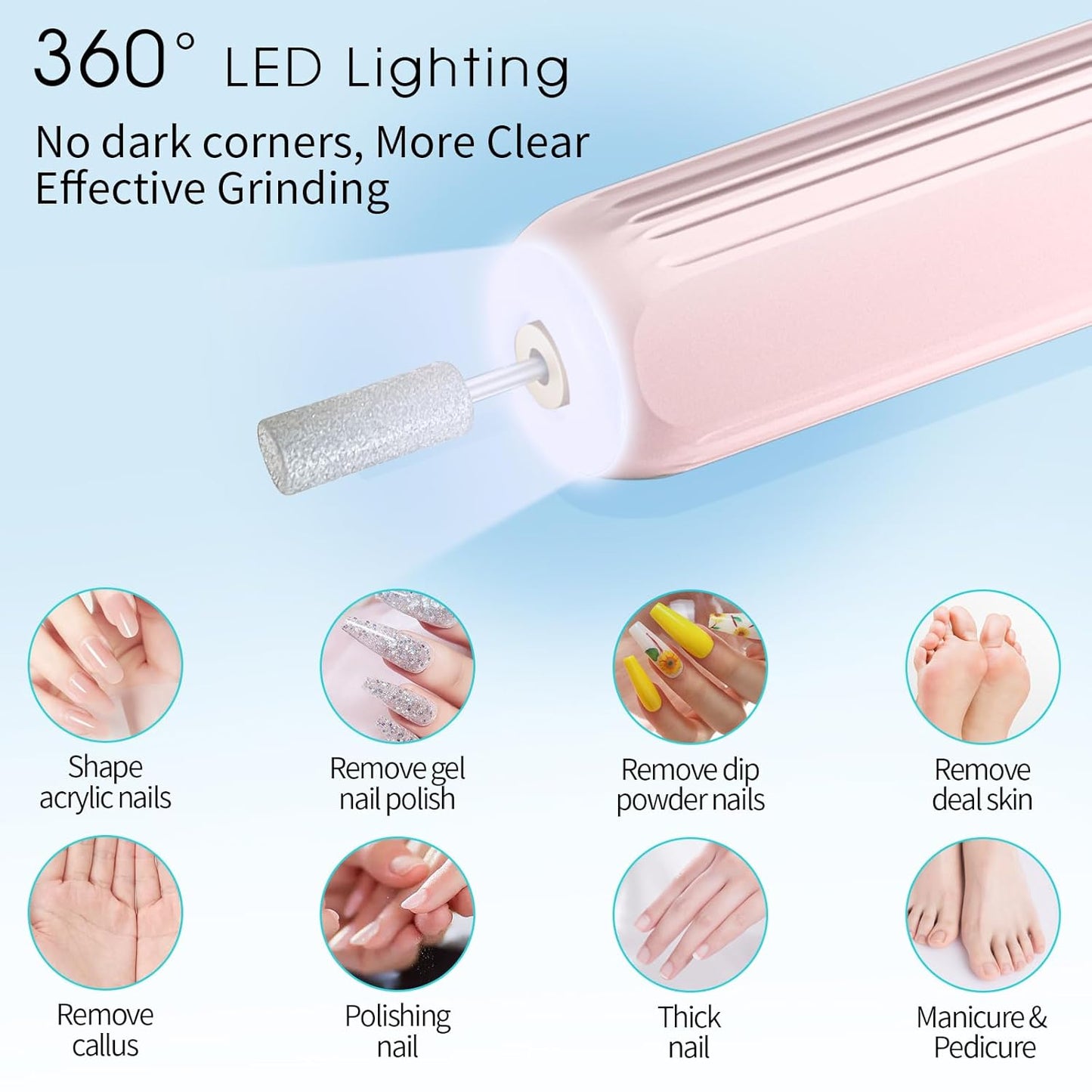 Electric Nail Drill, Professional Manicure Pedicure Kit, Cordless Electric Nail File Set, Rechargeable Pedicure Tools for feet, 3 Speeds Hand Foot Care Nail Drill for Thick Nail Toenail Cuticle