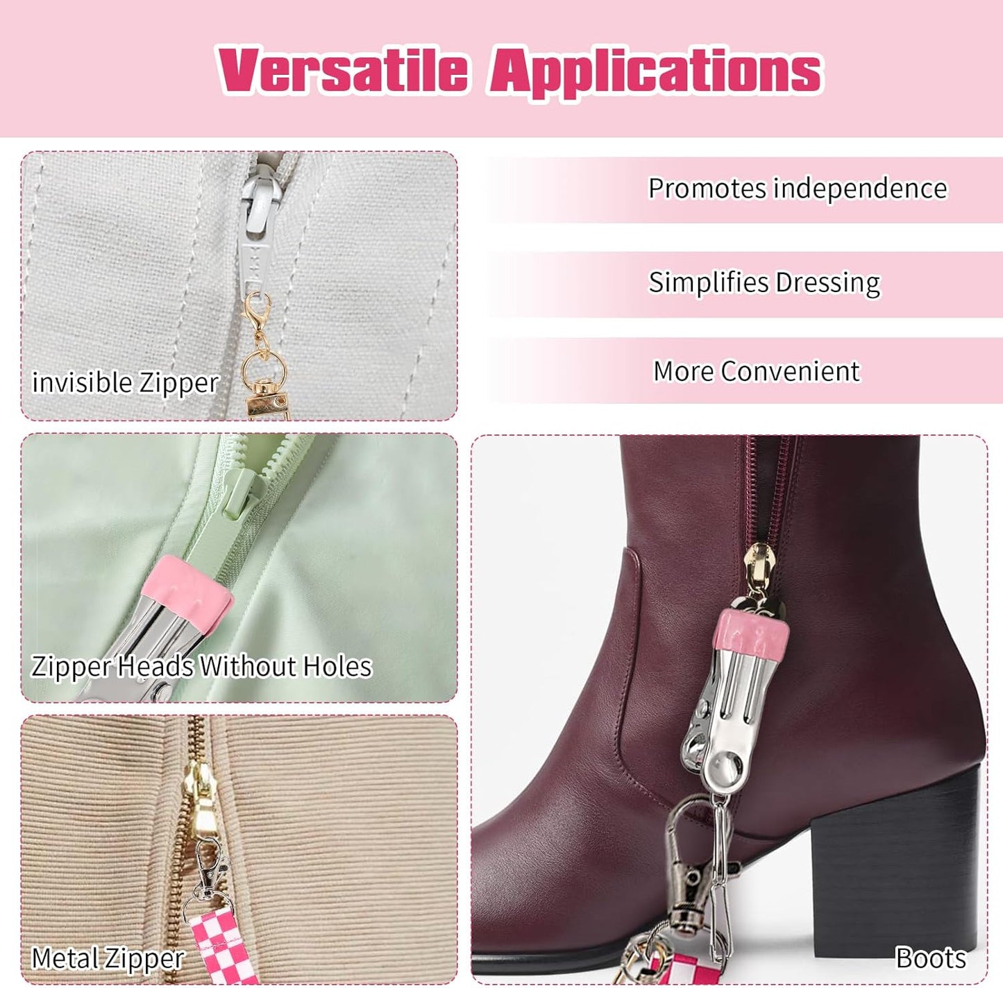 2 Pack Zipper Helper Pull for Dresses - One-Handed Zipper Puller with 3 Hooks for Dresses, Shoes and Boots, Skirts & Bags Zipper Puller Helper Aid for Women, Traveler, Seniors & Long Nails (Pink)