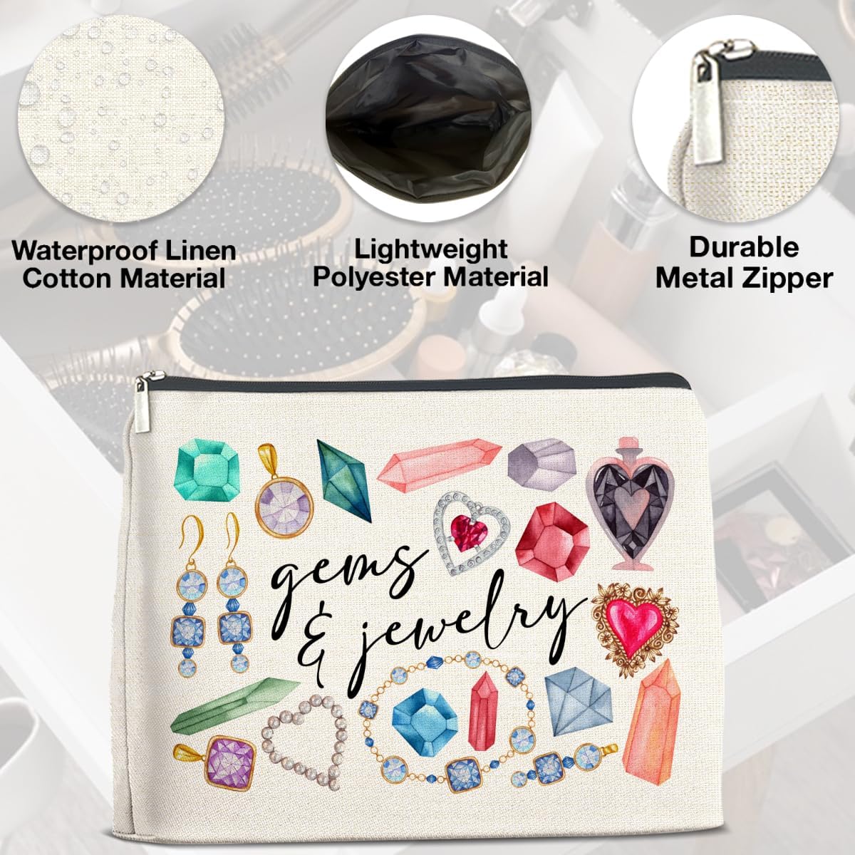 Gems and Jewelry Cosmetic Bag Gift, Gifts for Gem Jewelry Lovers Makeup Bag Zipper Makeup Pouch Bridesmaids Gift