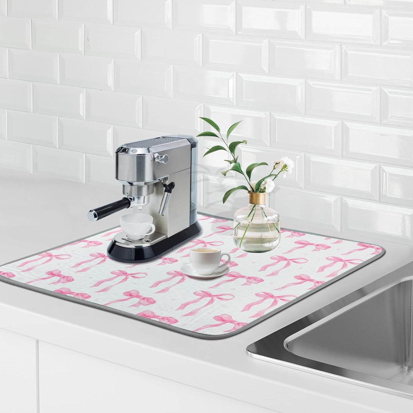 SHIYUE Dish Drying Mat for Kitchen Counter Super Absorbent Spring Kitchen Decor Microfiber Drying Matainers Rack Fast Pad Dish Drainer Mats(Pink Bow,18''x24'')