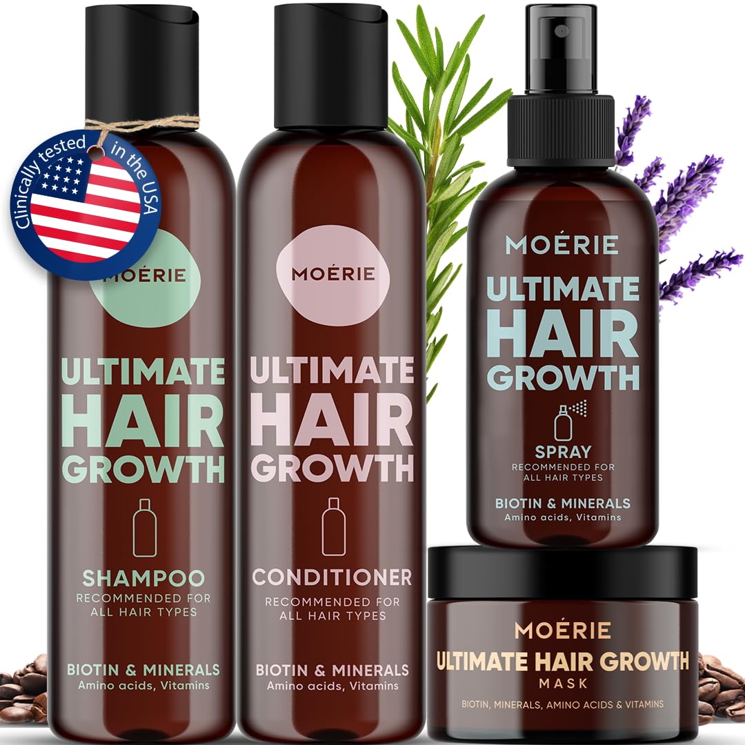 Moerie Shampoo and Conditioner Plus Hair Mask and Spray Mega Pack – The Ultimate Growth Care – For Longer, Thicker, Fuller Hair - Volumizing Products – Paraben & Silicone Free - 4 items