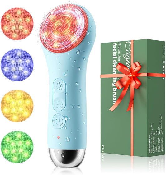 Facial Cleansing Brush Face Scrubber - Rechargeable Electric Face Cleansing Brush with 4 LED Gentle Light Liquid Silicone Modes Exfoliator,IPX7 Waterproof Ideal Gift for Men and Women-Blue