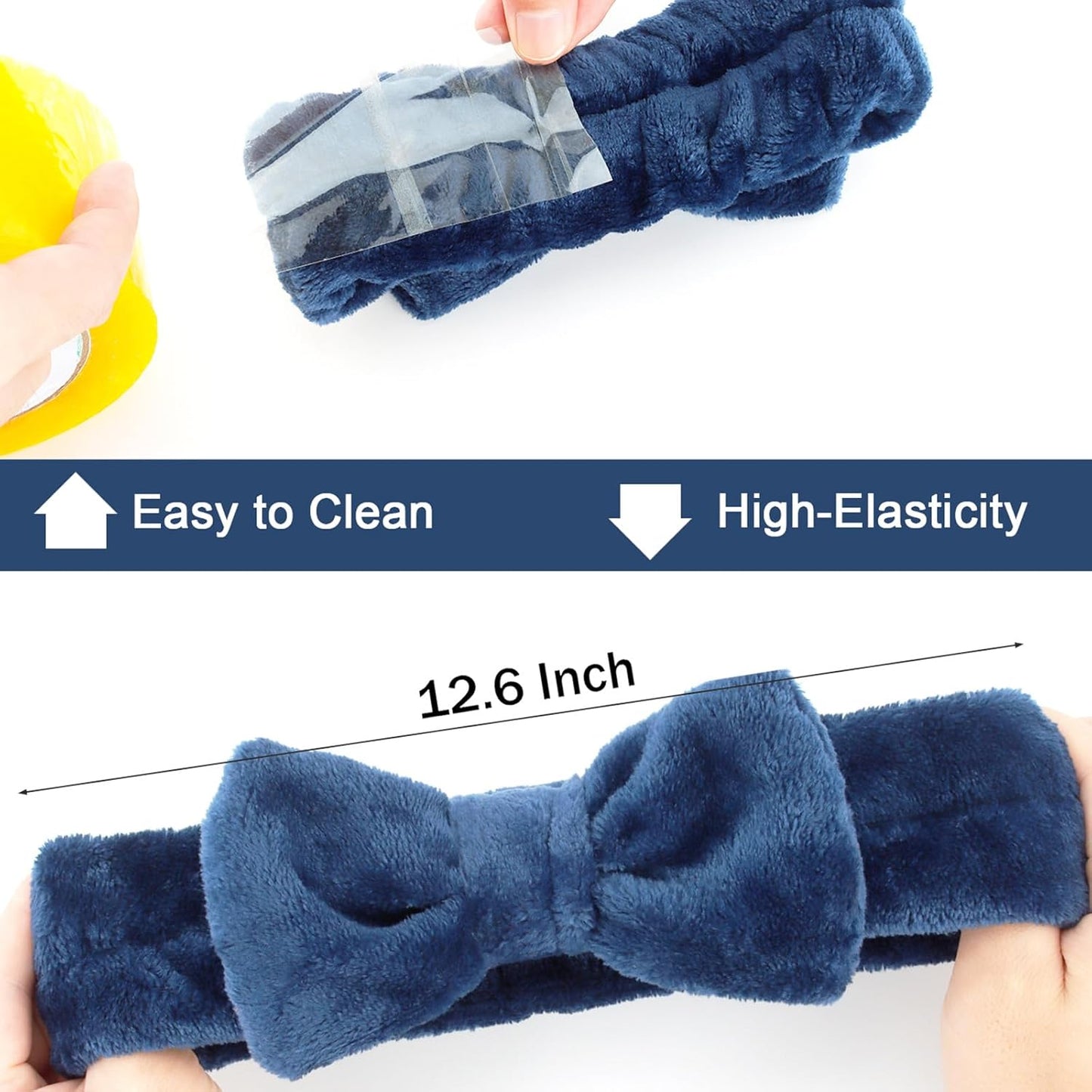 Ondder Spa Headband for Washing Face 8 Pack Navy Blue Skincare Headbands for Women Girls Terry Cloth Cute Bow Head Bands