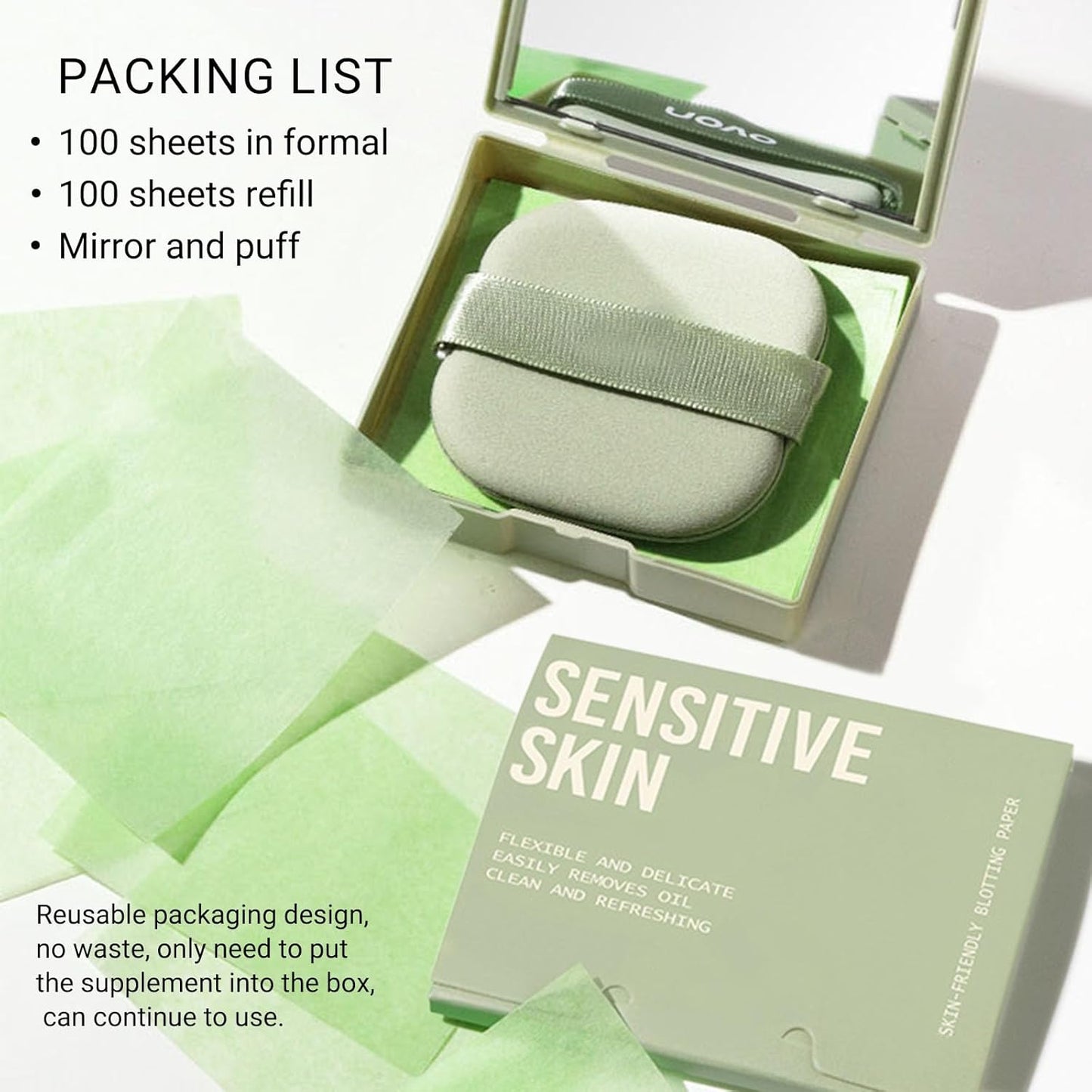 KYDA 200 Sheets Face Oil Blotting Paper, Included Refills, Mirror and Puff, Oil Absorbing Sheets for Makeup, Oil Control Shine, Absorb Excess Oil, Travel Size Gentle Face Makeup, Green Tea