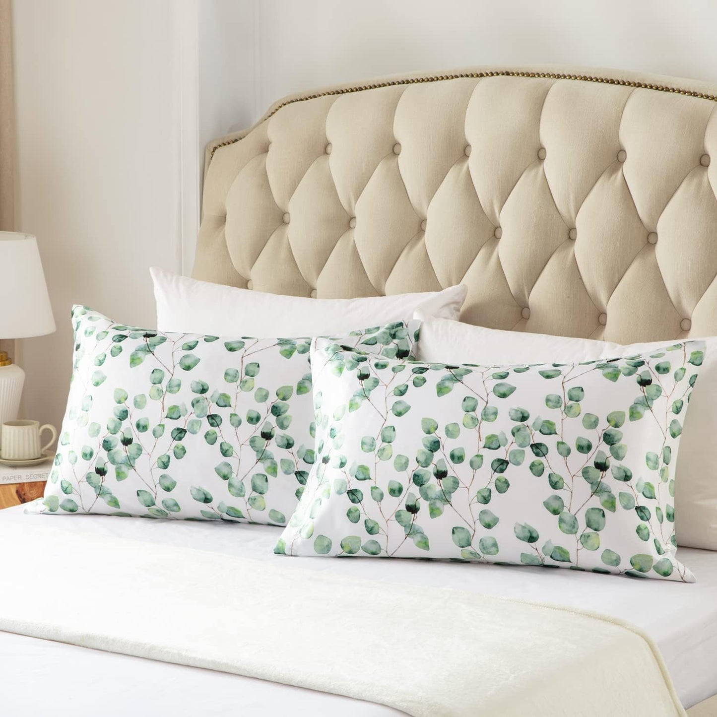 EXQ Home Satin Pillowcase Silky Satin Pillowcase for Hair and Skin,Soft Cooling Printed Pillow Cases Queen Size Set of 2 Satin Pillow Case with Envelope Closure Ink Leaf