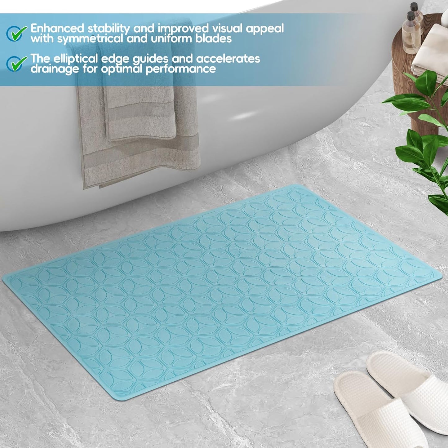 WRISIN Bathtub Mat Non Slip with Suction Cups - 100% Rubber Bathroom Mat Textured for Bath Tub Shower Safety - Soft on Touch - BPA/PVC Free - Pet Dog Bath Mat - Machine Washable - 17 × 35 Inch（Blue）
