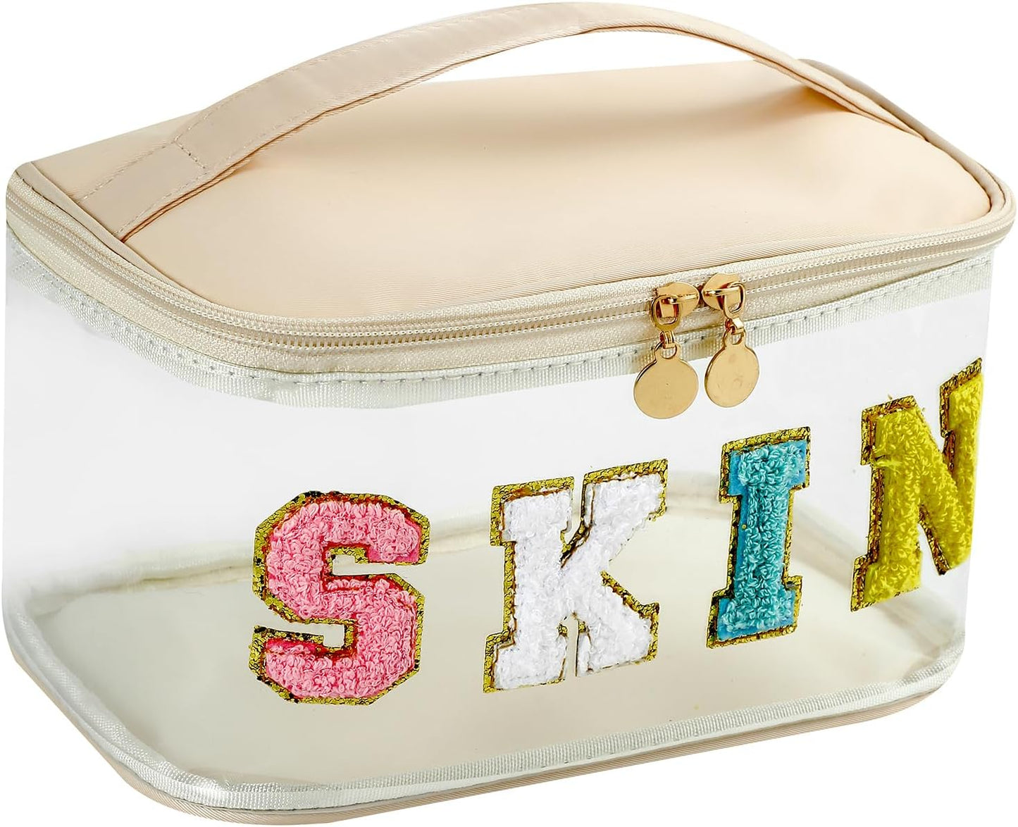 Personalized Chenille Letter Clear Skin Makeup Bag, Large Size Waterproof Nylon Cosmetic Toiletry Storage bag with Top Handle, Transparent Meds Skin Travel Organizer Cosmetic Bag(11Skin-Beige)