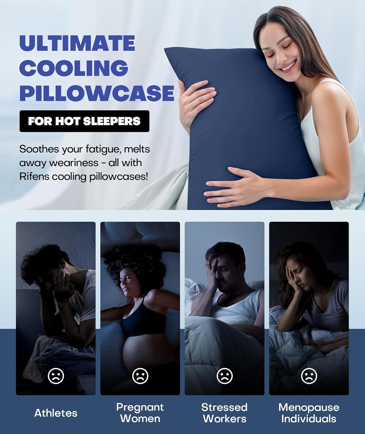 Ice Cooling Pillowcase for Hot Sleepers, Instantly Cool, Stays Cold All Night, Softer Than Silk Pillow Cases, Pillow Covers with Invisible Zipper, Gift for Men & Women - King Size, Navy Blue (1 Pack)