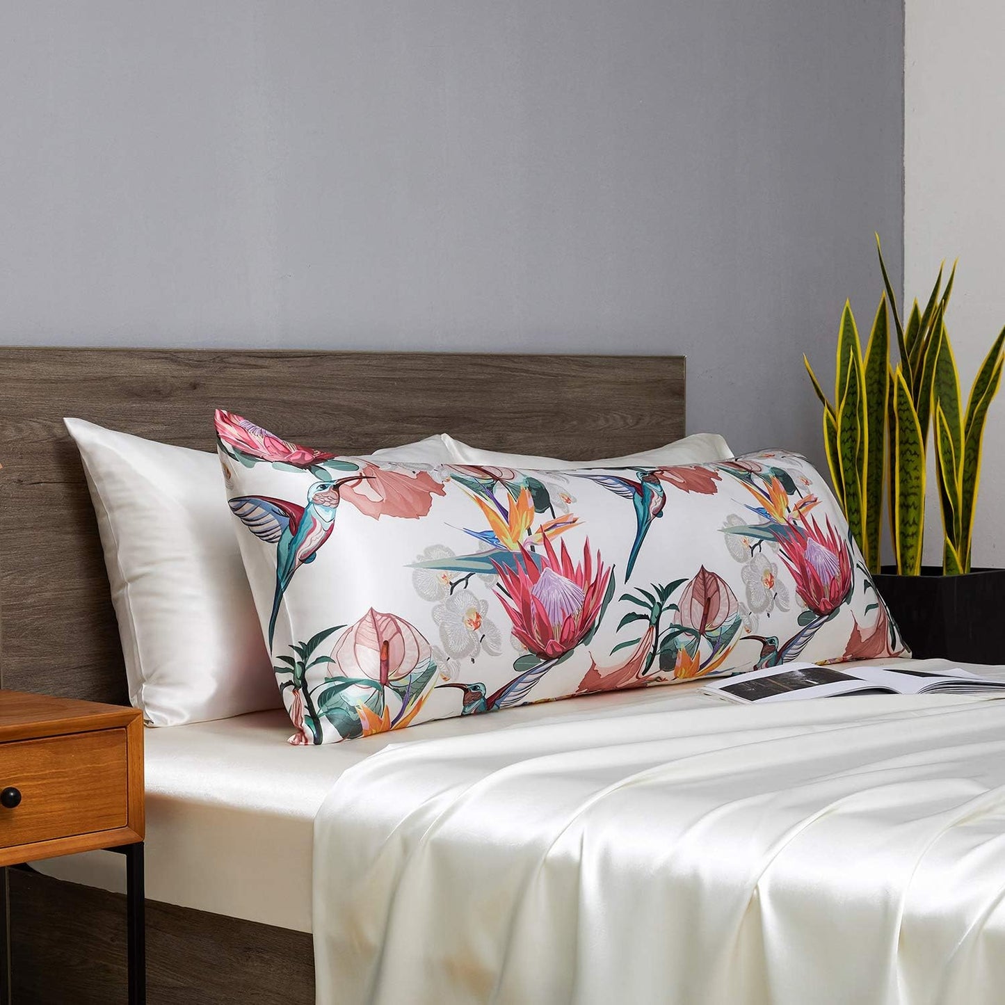 MR&HM Satin Body Pillow Cover, Soft and Breathable Body Pillow Case with Envelope Closure, Cooling and Silky Long Pillowcase for Hair and Skin,Grey (20x54, Floral Bird)