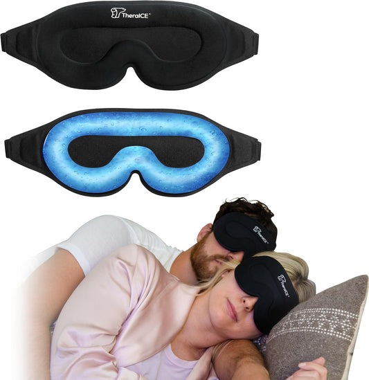 TheraICE Sleep Mask + Cooling Gel Relief - Sleep Eye Mask Blackout Blindfold Cold - 3D Contoured Relaxing No Pressure Eye Cover to Block Light for Comfortable Soothing Night Sleeping/Men & Women