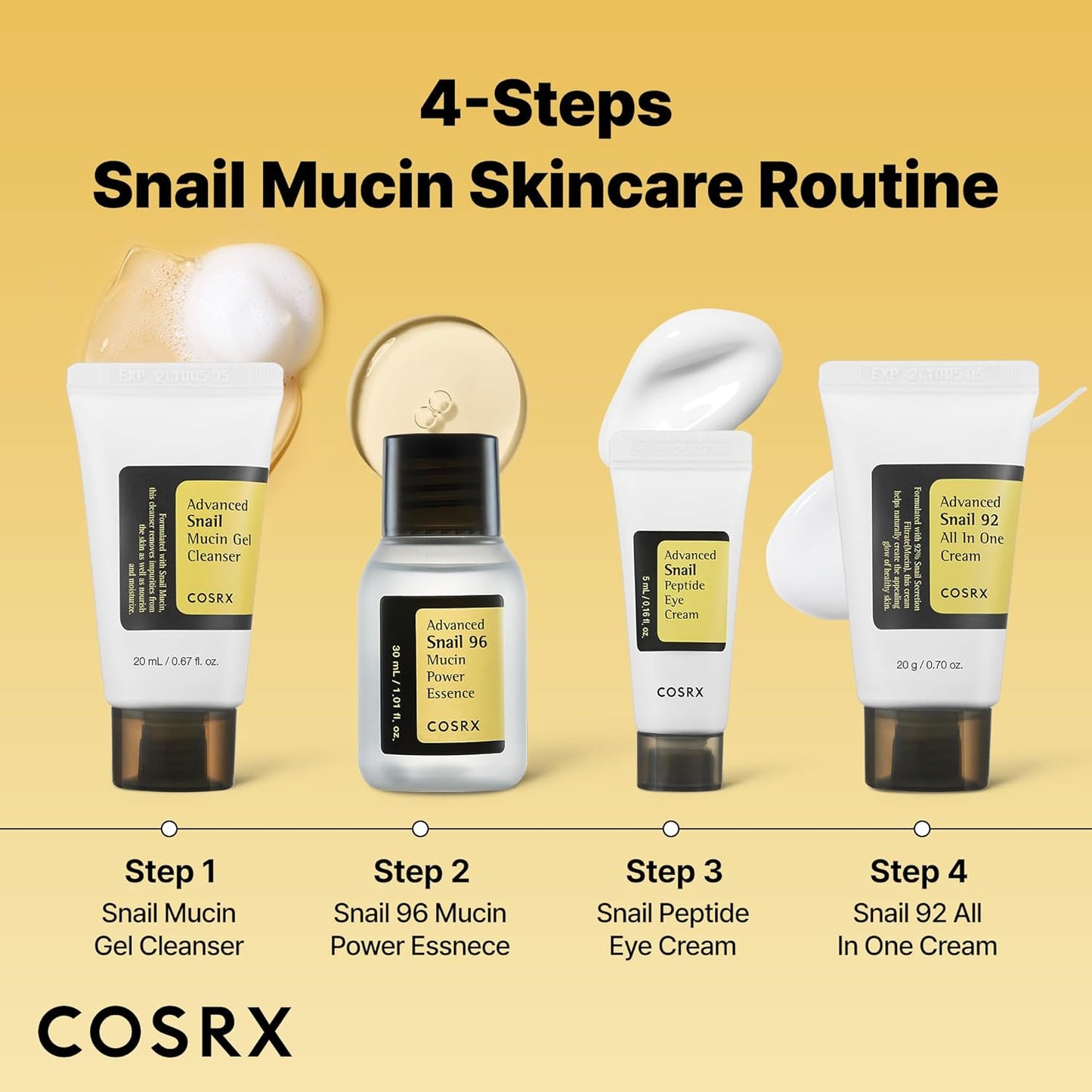 COSRX All About Snail Mucin Korean Skin Care Set, Mini Travel Essentials, Travel Size Gift Set with Snail Mucin Face Wash, Serum, Moisturizer & Eye Cream, Rejuvenating Kit
