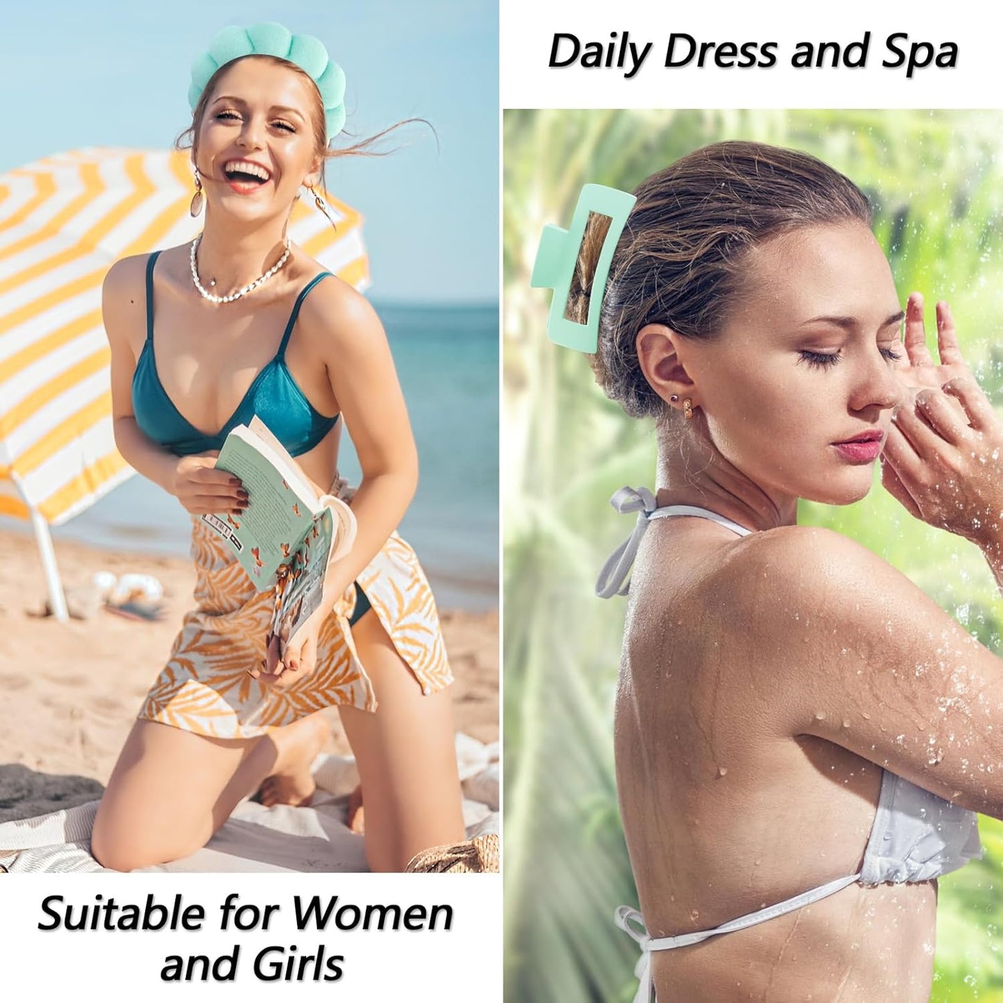 VELSCRUN Spa Headband, Makeup Face Wash Skincare Headbands, 5 Pcs Sponge Get Ready Snail Hairband Facial Wristband Hair Clip Set, Stuff for Teen Girls Women Trendy Hair Accessories Light Green