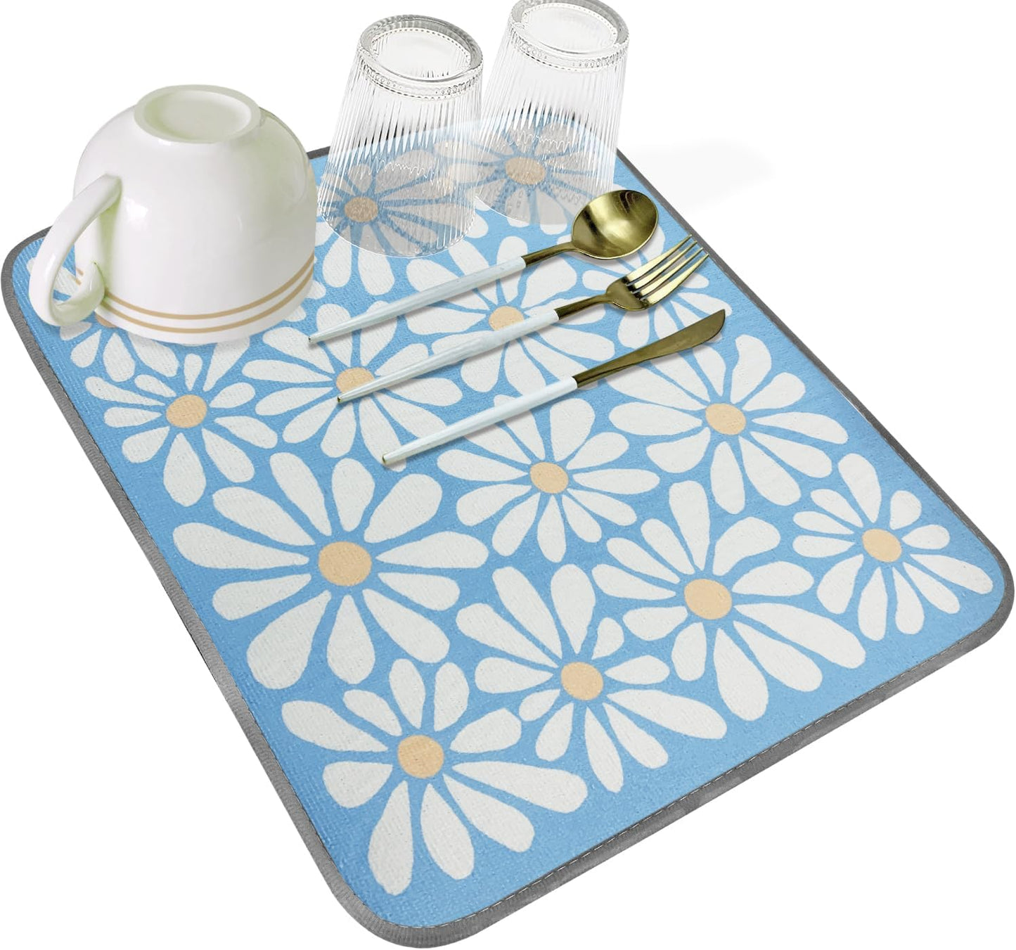 SHIYUE Dish Drying Mat for Kitchen Counter Super Absorbent Spring Kitchen Decor Microfiber Drying Matainers Rack Fast Pad Dish Drainer Mats(Sky Blue Flower,16''x18'')