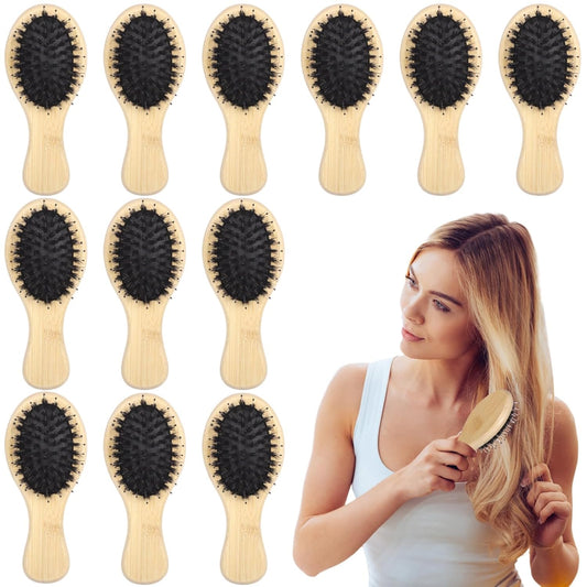 12PCS Mini Boar Bristle Hair Brushes Bulk,Bamboo Small Travel Pocket Paddle Hair Brush for Women Men,Oval Shape,Wooden Handle,Soft Bristles,Ideal for Wholesale and Distribution