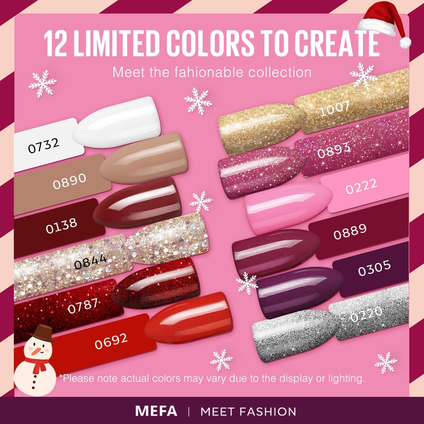 MEFA Christmas Gel Nail Polish Set, 12 Colors Pink Red Gel Polish Set Shimmering Gold Silver Glitter Nail Polish Soak Off Purple Nude White Brown Gifts for Girl DIY Salon Home Manicure